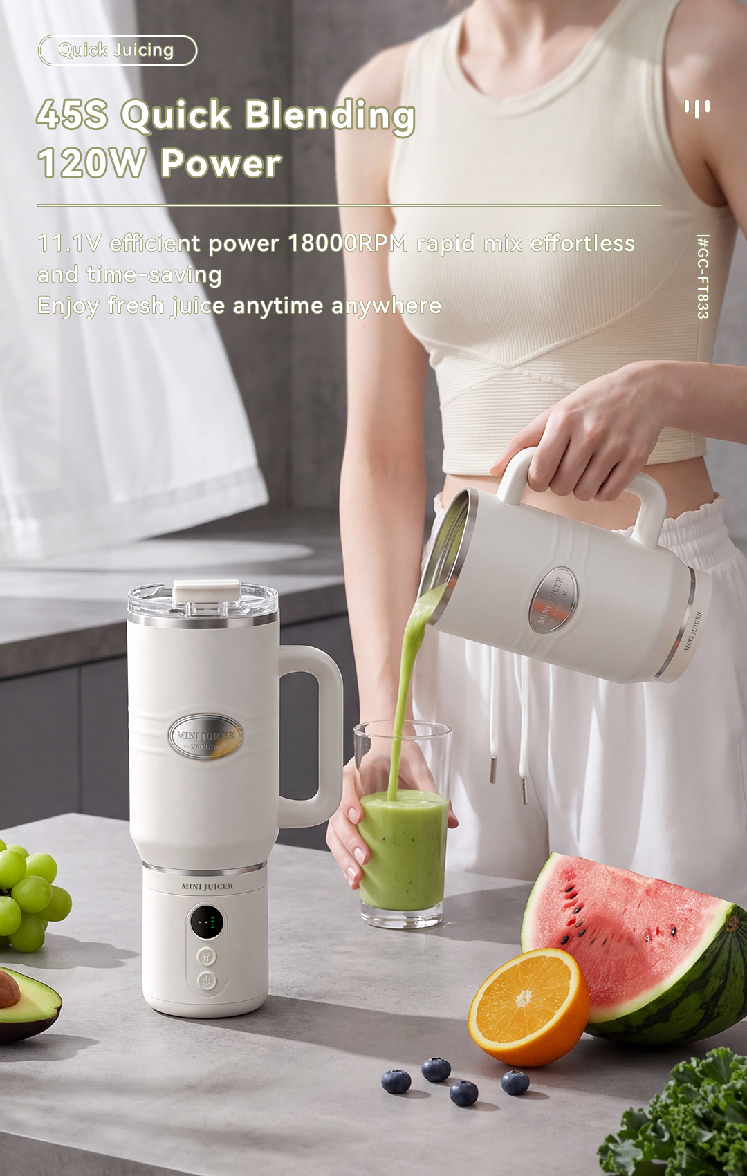CEOOL FT833 portable juicer 45s quick blending, 120W power for fresh fruit smoothies