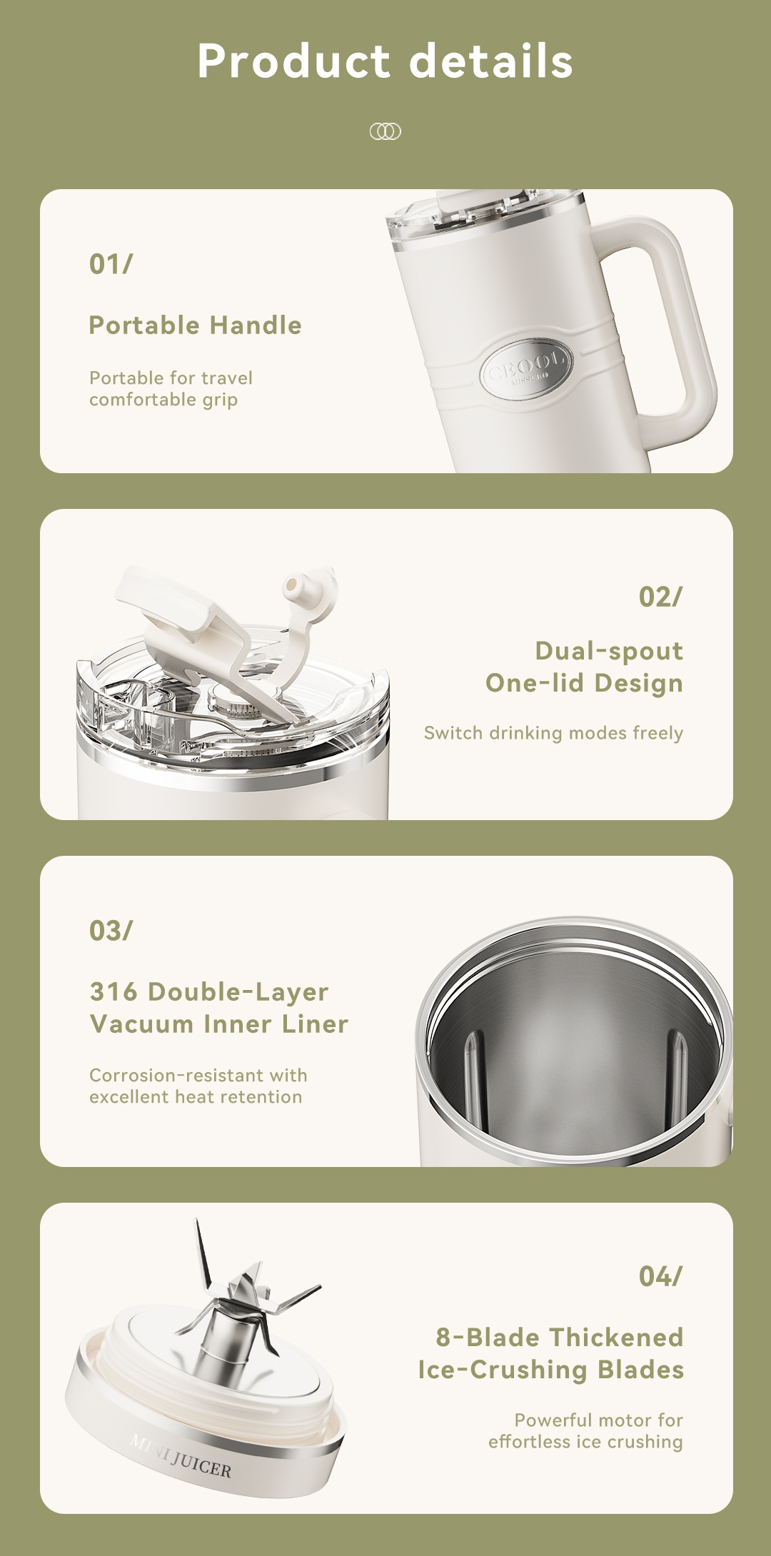 CEOOL FT833 portable blender details, handle, dual-spout lid, SUS316 liner, 8-blade system, OEM ODM