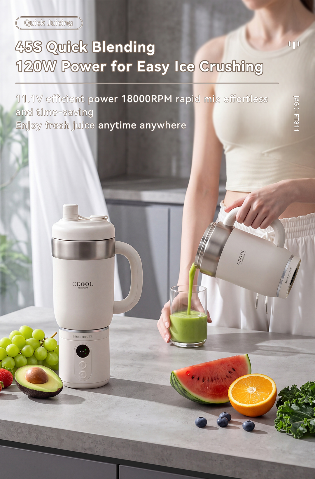 CEOOL GC-FT811 portable juicer cup, 45s quick blending, 120W ice crush motor, OEM bulk supply