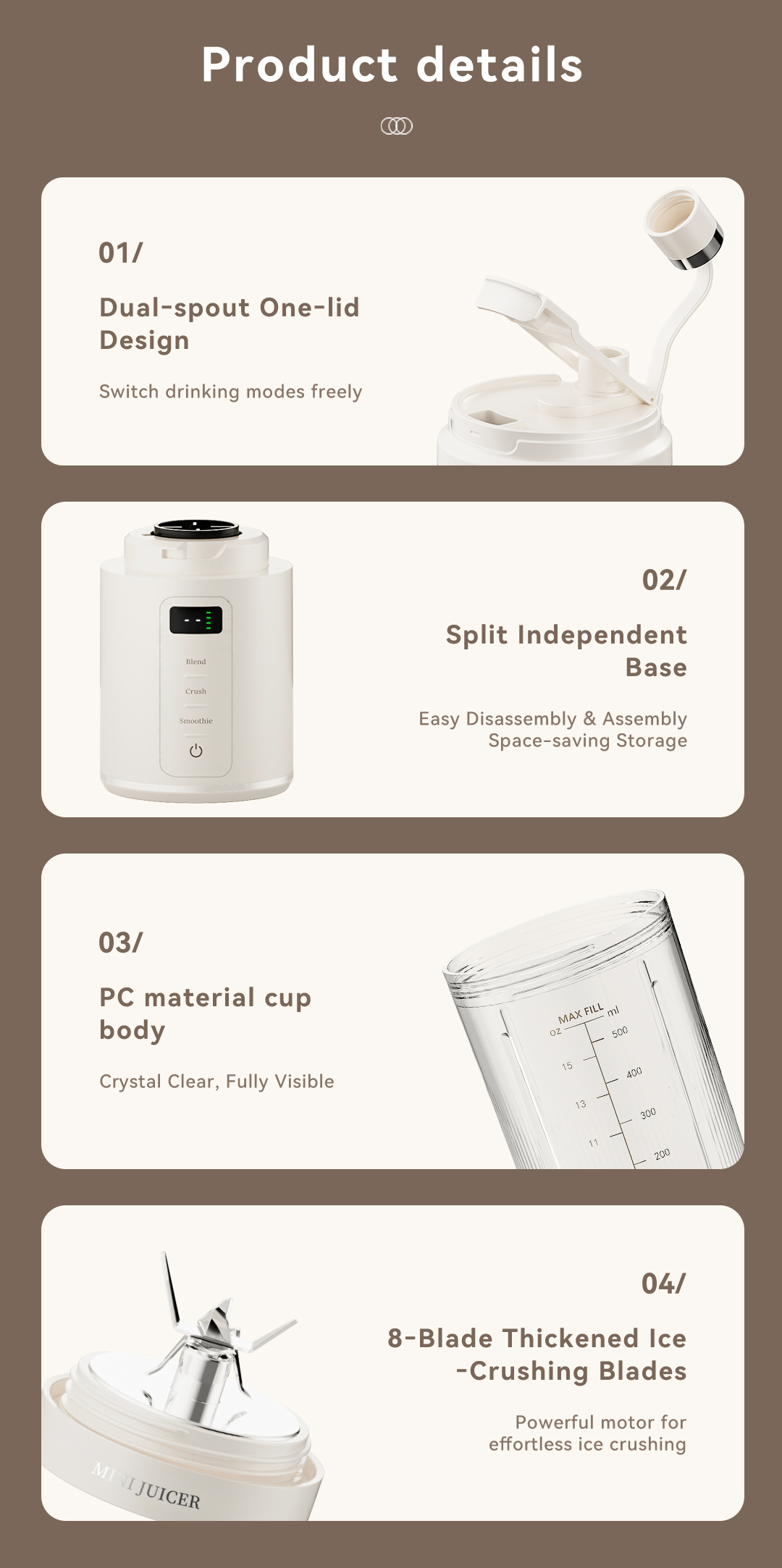 CEOOL GC-FT611B portable blender product details, dual-spout lid, 8 ice crushing blades, OEM ODM manufacturer