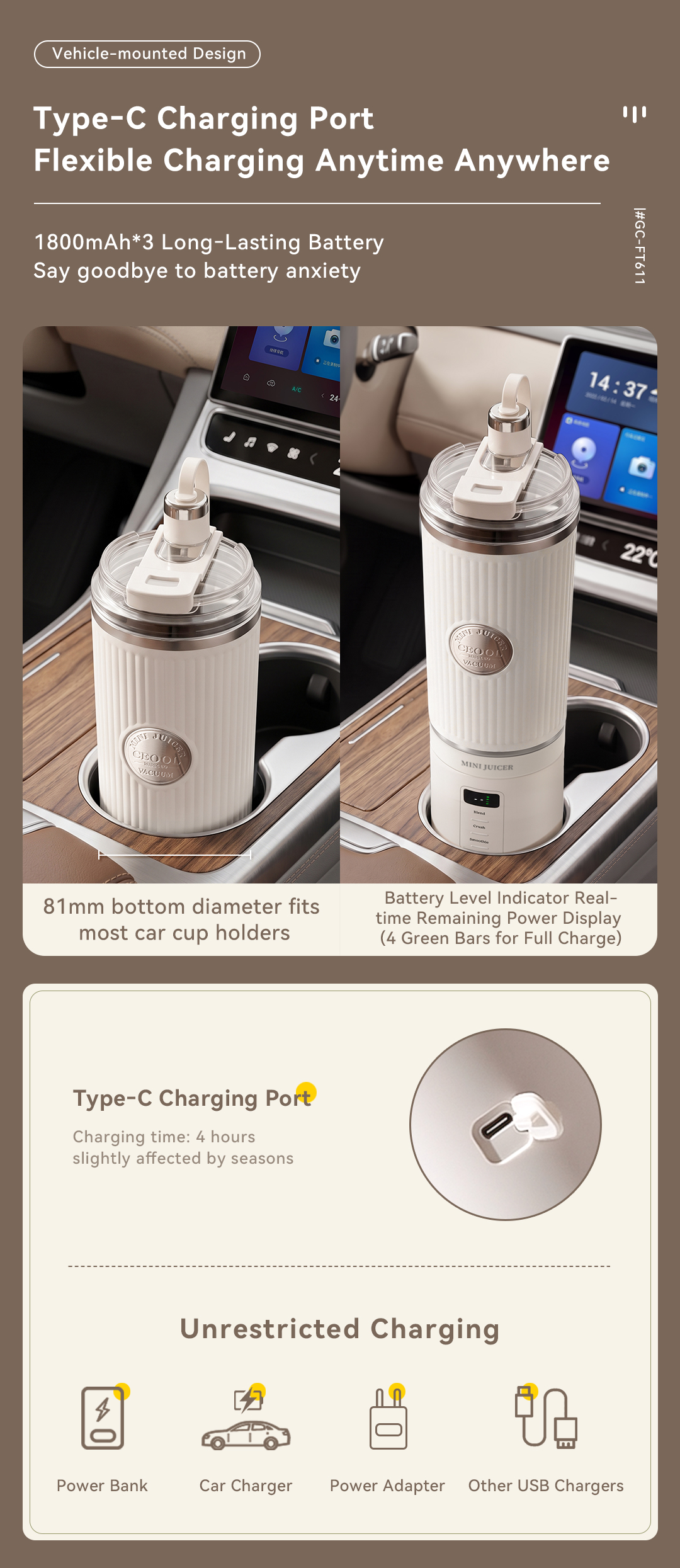 CEOOL GC-FT611 car portable juicer, Type-C charging, fits car cup holder, OEM ODM