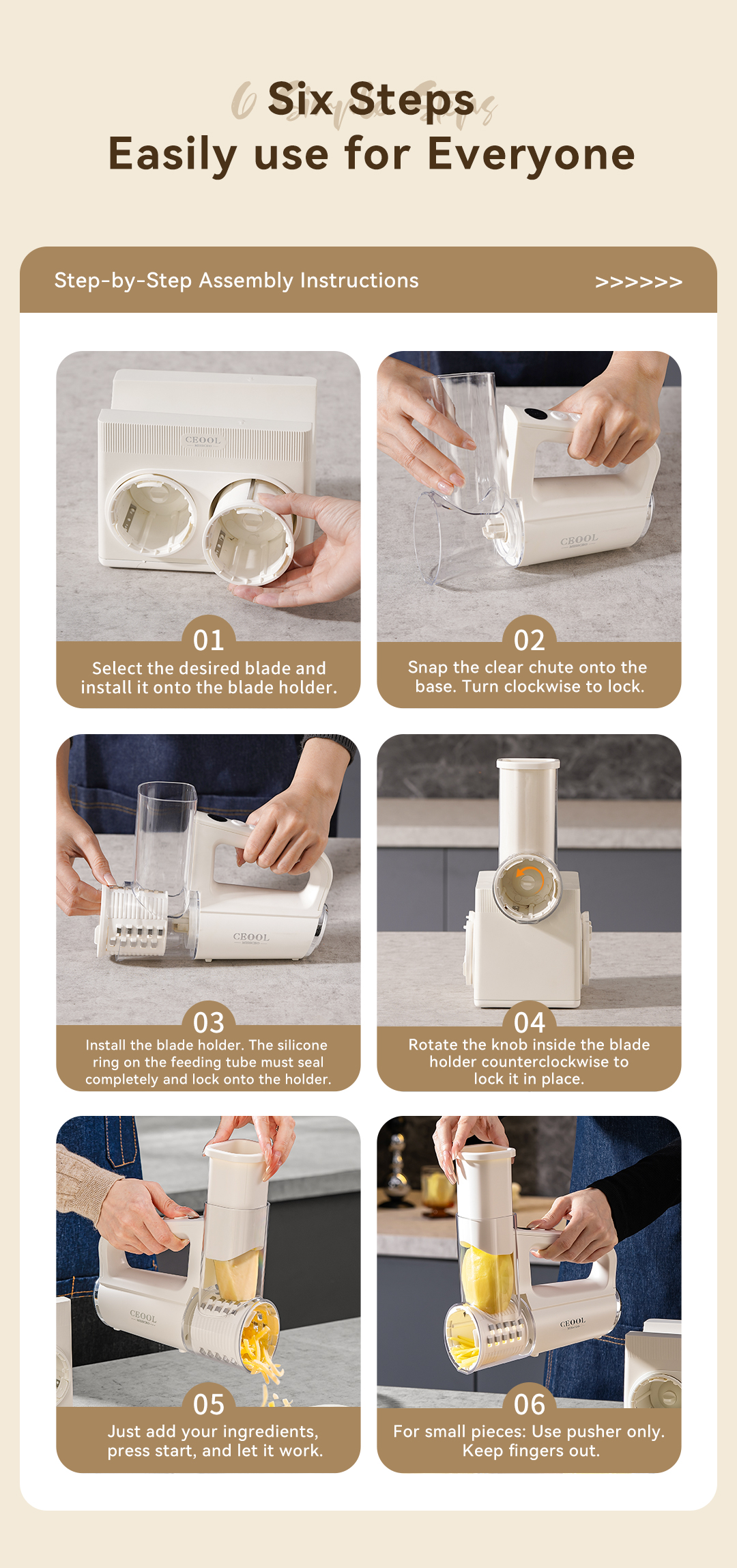 Ceool Cordless Vegetable Chopper, 6-step assembly instruction for electric vegetable slicer
