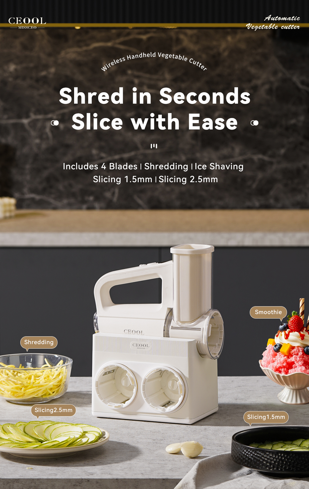 CEOOL QC303B Cordless Automatic Vegetable Chopper with 4 interchangeable blades