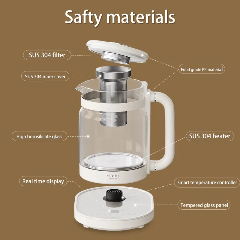 CEOOL BL009 health pot structure, high borosilicate glass & SUS304 stainless steel filter and heater