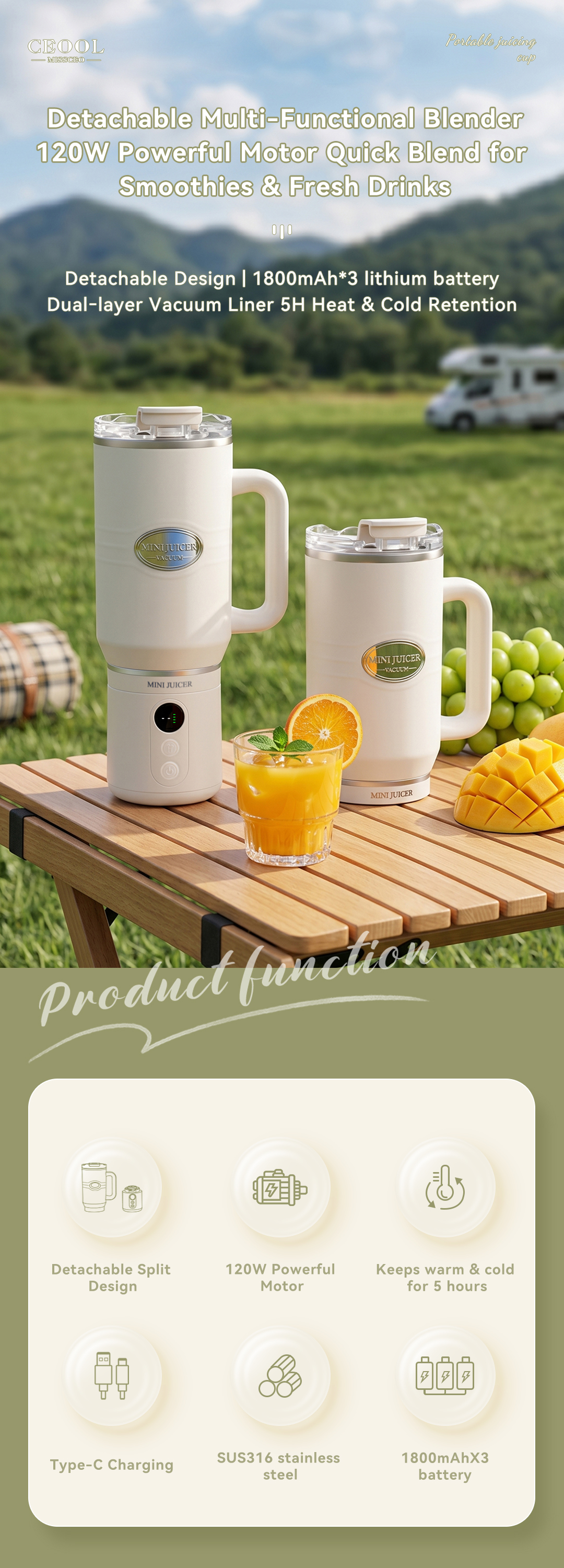 CEOOL FT833 detachable multifunctional blender, 120W portable juicer with cold heat retention