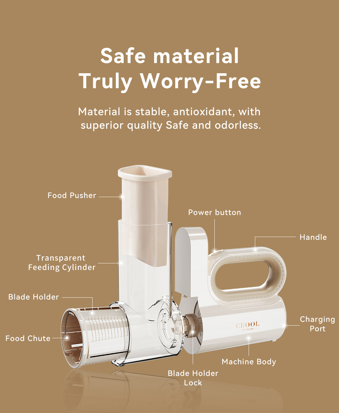 CEOOL QC301 electric vegetable chopper structure diagram, food grade safe material, handheld electric slicer, OEM ODM