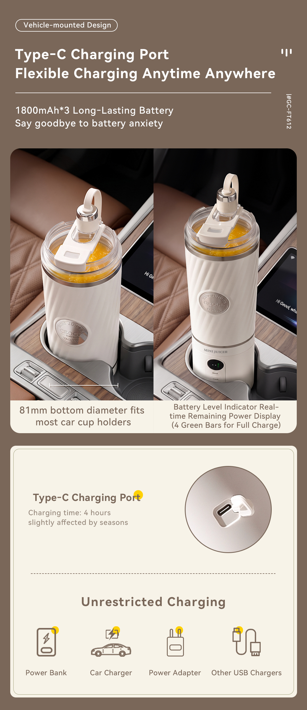CEOOL GC-FT612 car portable juicer, Type-C charging, fits car cup holder, OEM ODM blender