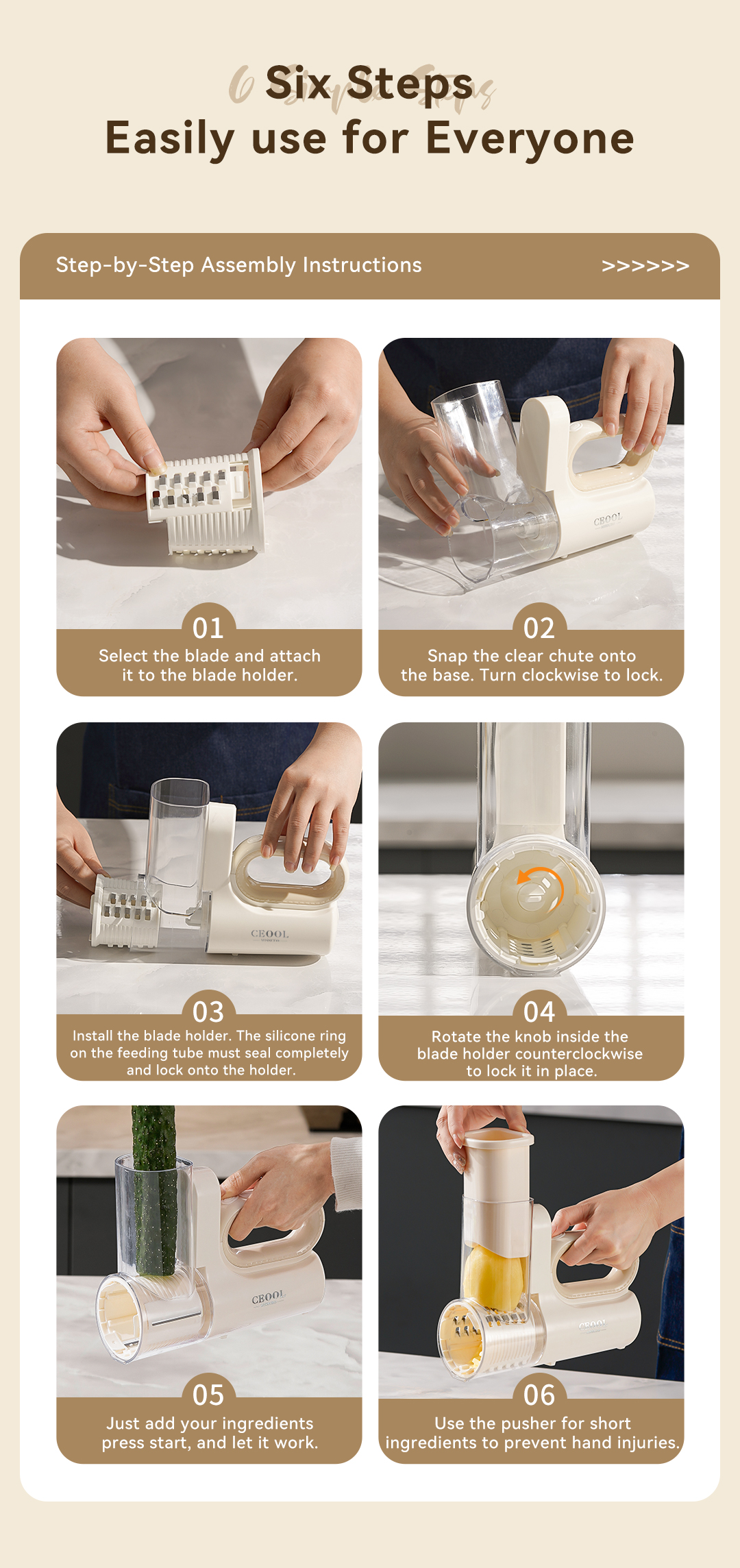 CEOOL QC301 six-step assembly guide, handheld electric vegetable cutter operation steps, OEM ODM