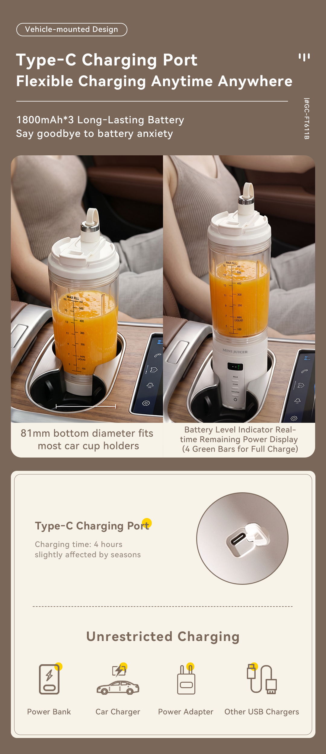 CEOOL GC-FT611B portable blender Type-C rechargeable, fits car cup holder, 1800mAh battery, OEM ODM