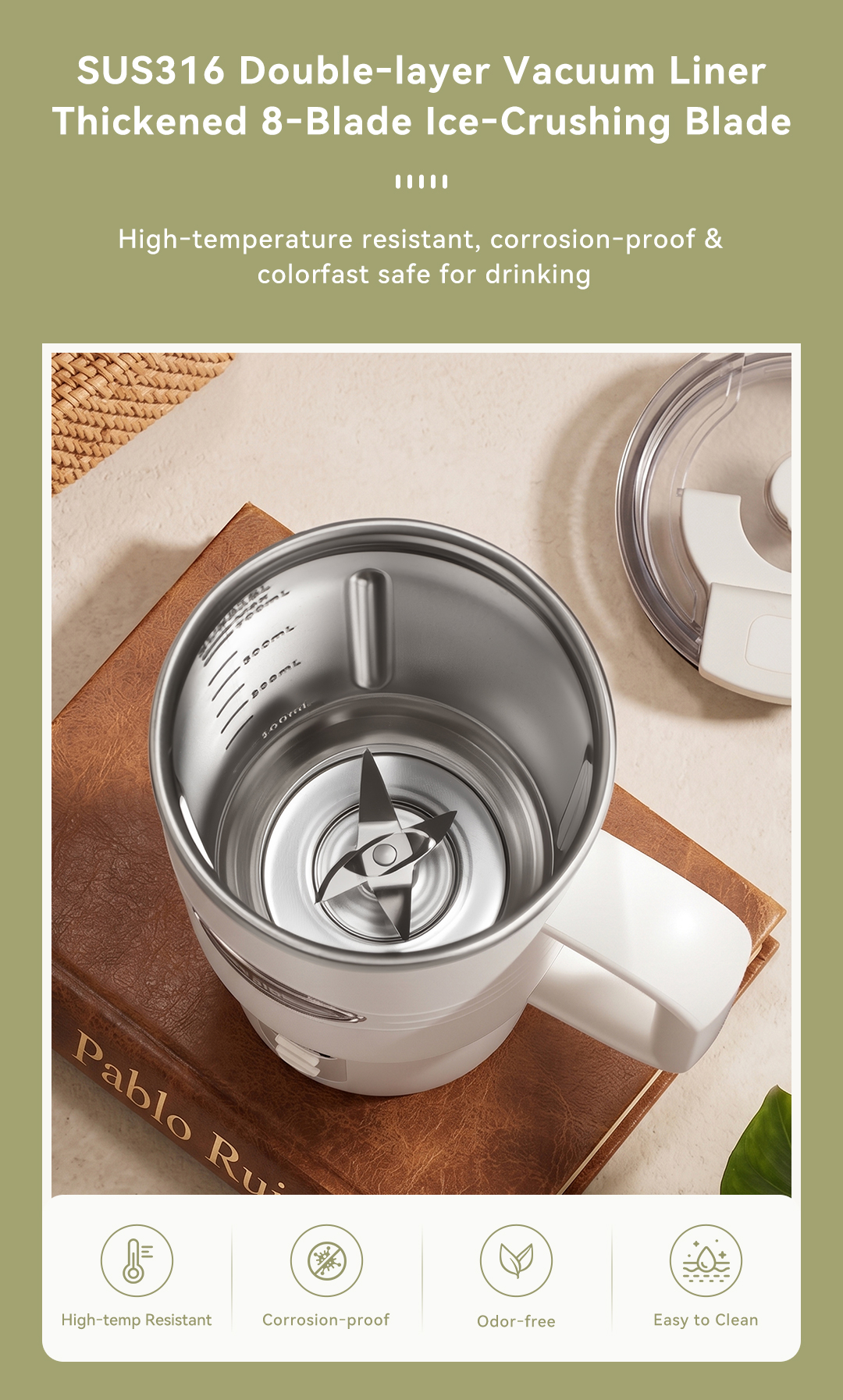 CEOOL FT833 portable juicer inner view, SUS316 liner and 8-blade ice crushing blade