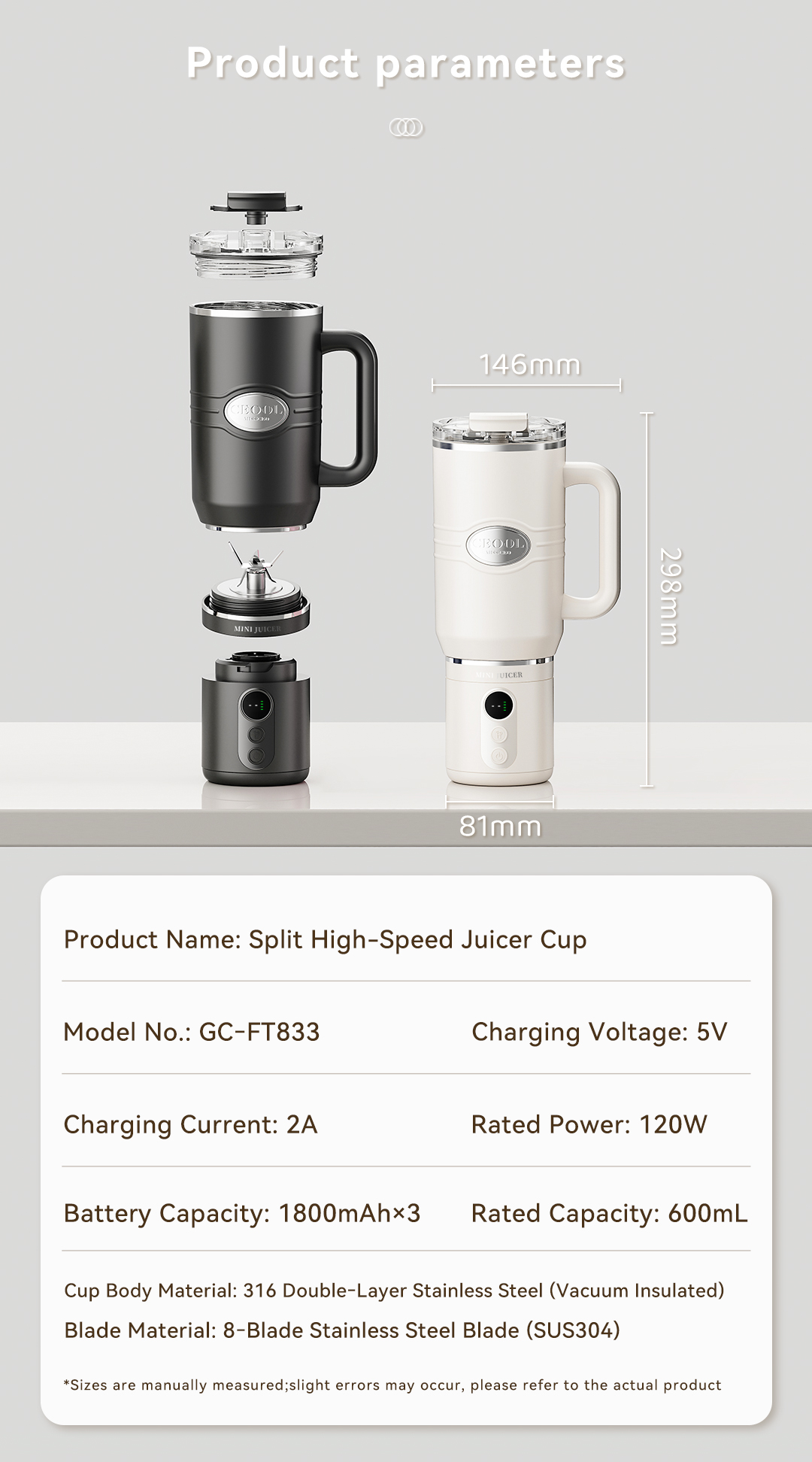 CEOOL FT833 product parameter image, 600ml capacity, 120W power, 1800mAh battery, OEM ODM