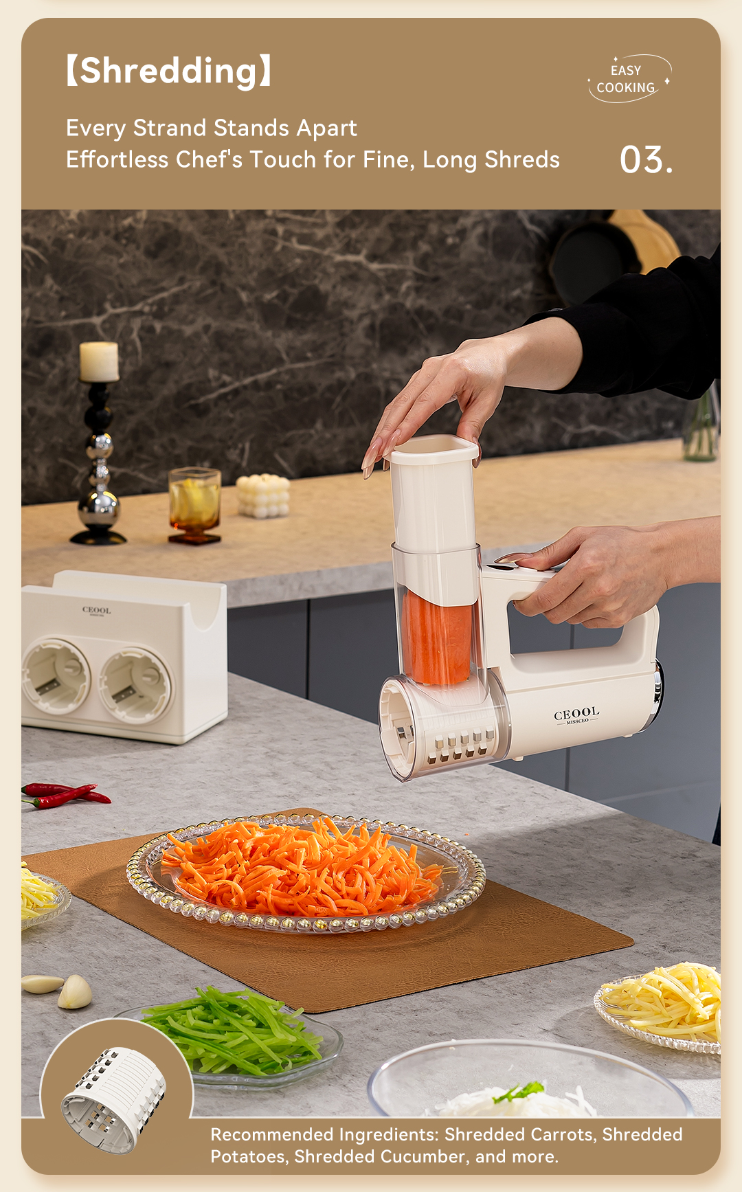 CEOOL QC303D Cordless Vegetable Cutter Shredding Function for Carrot, Potato and Cucumber