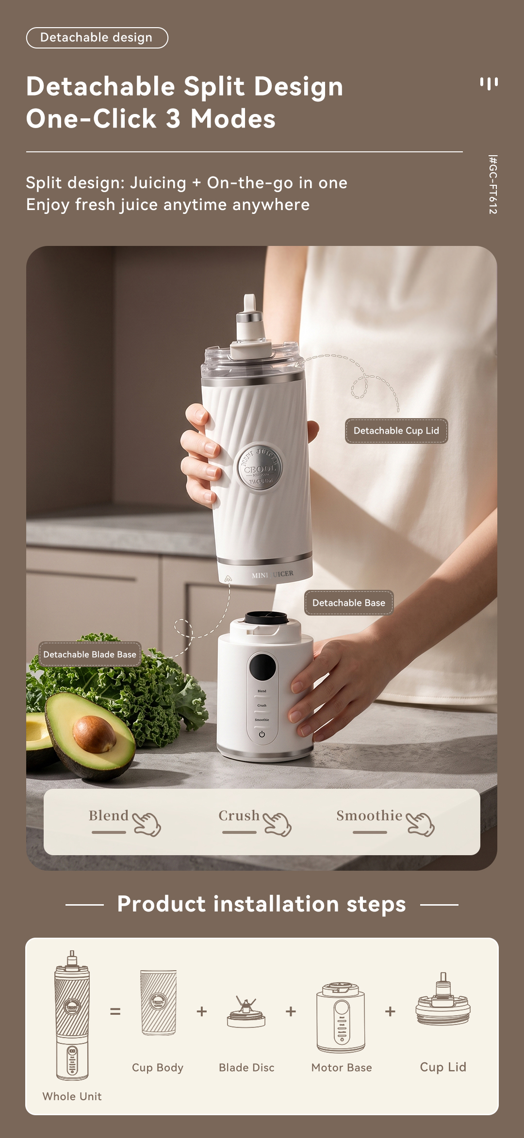 CEOOL GC-FT612 split blender detachable structure, 3 working modes, easy cleaning, OEM ODM