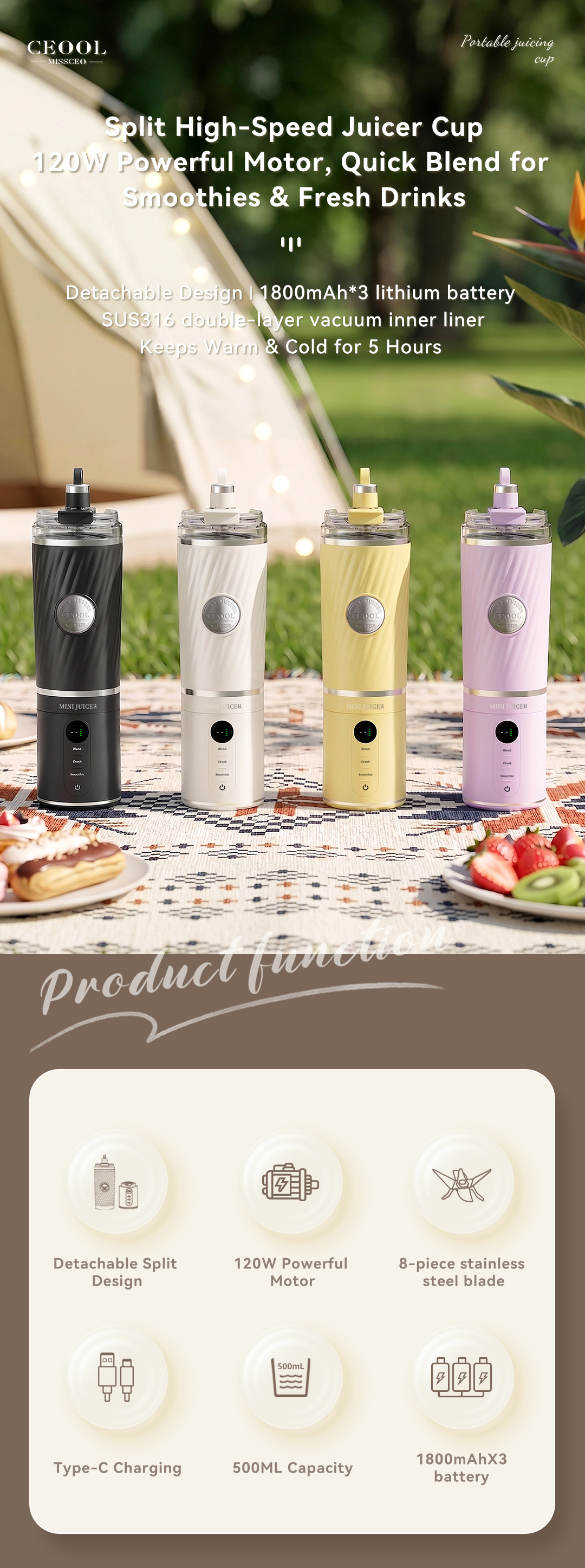 CEOOL GC-FT612 split high speed juicer cup, 120W motor, detachable design, OEM ODM
