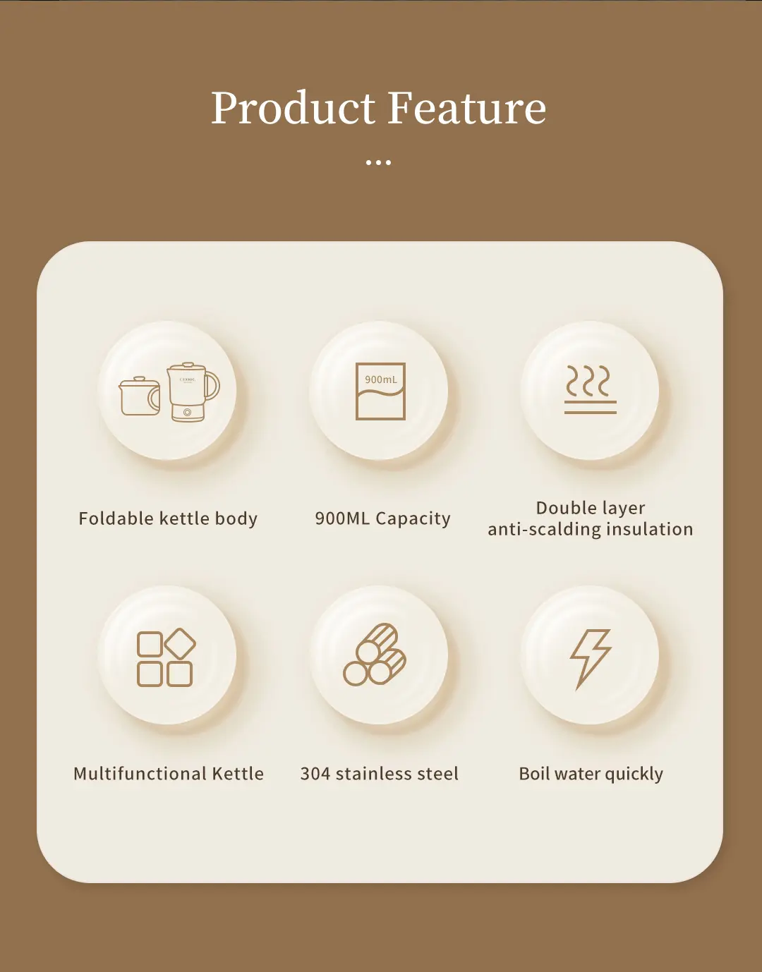 CEOOL SH951 product features, foldable kettle body, 900ml capacity, double layer anti-scald insulation, 304 stainless steel