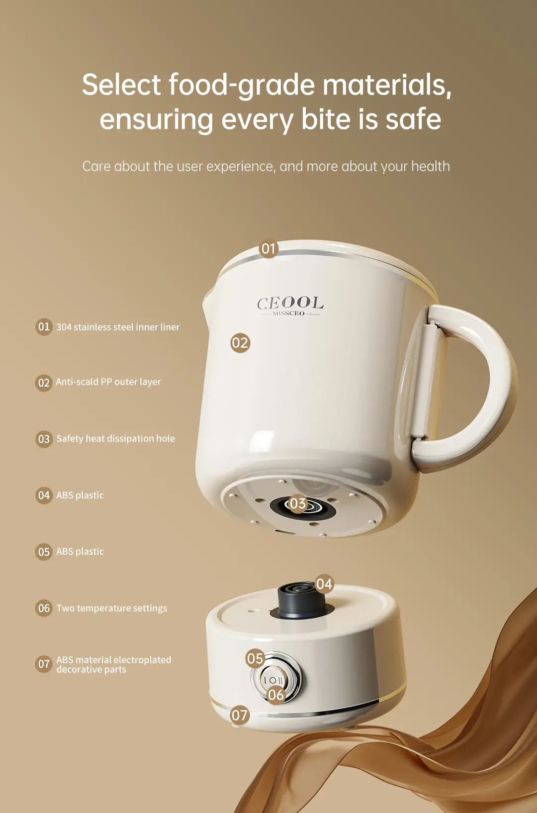 CEOOL SH951 food grade materials, 304 stainless steel inner liner, anti-scald PP outer layer, two temperature settings