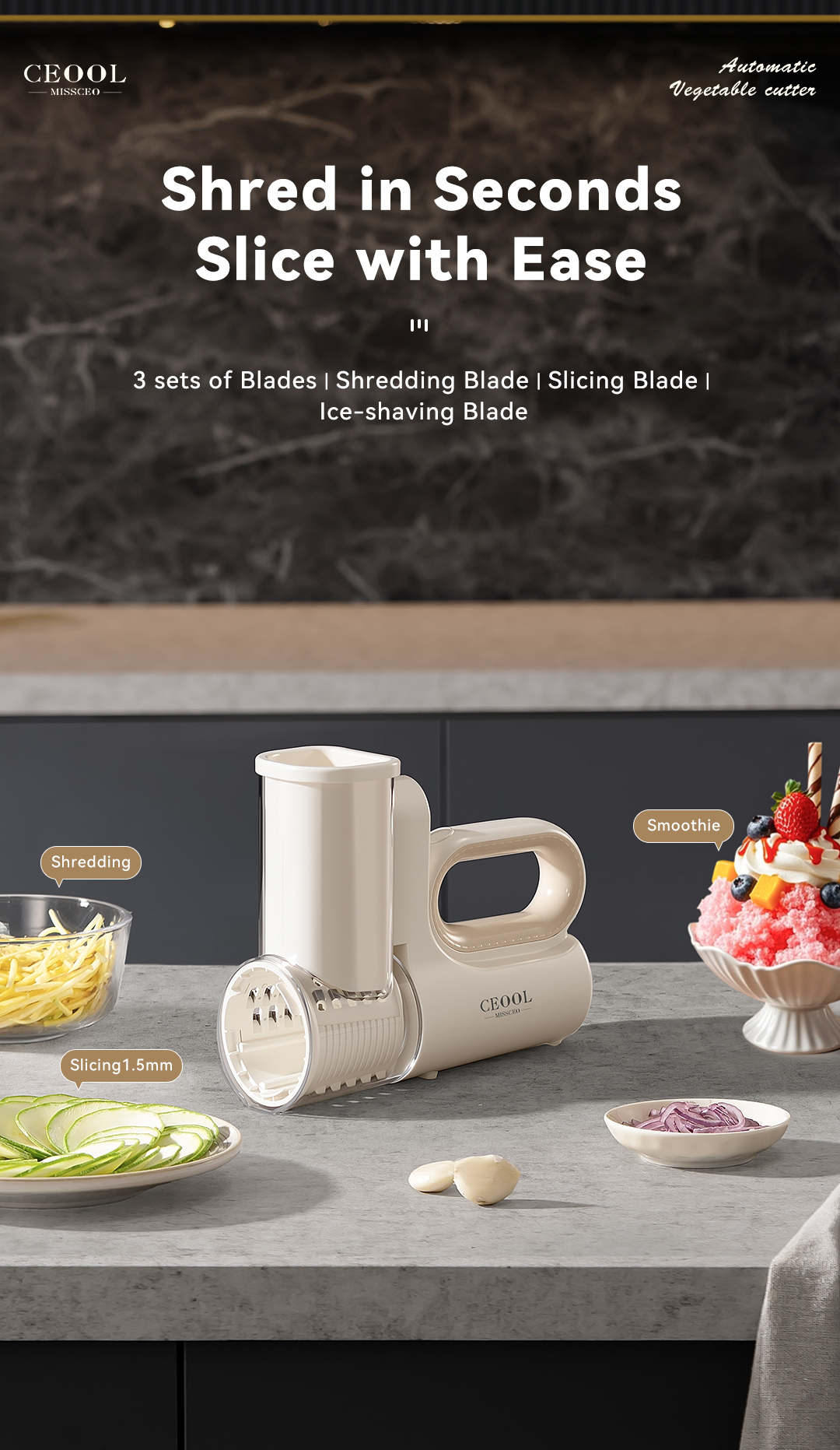 CEOOL QC301 electric vegetable cutter, 3 interchangeable blades for slicing, shredding, ice shaving, OEM ODM