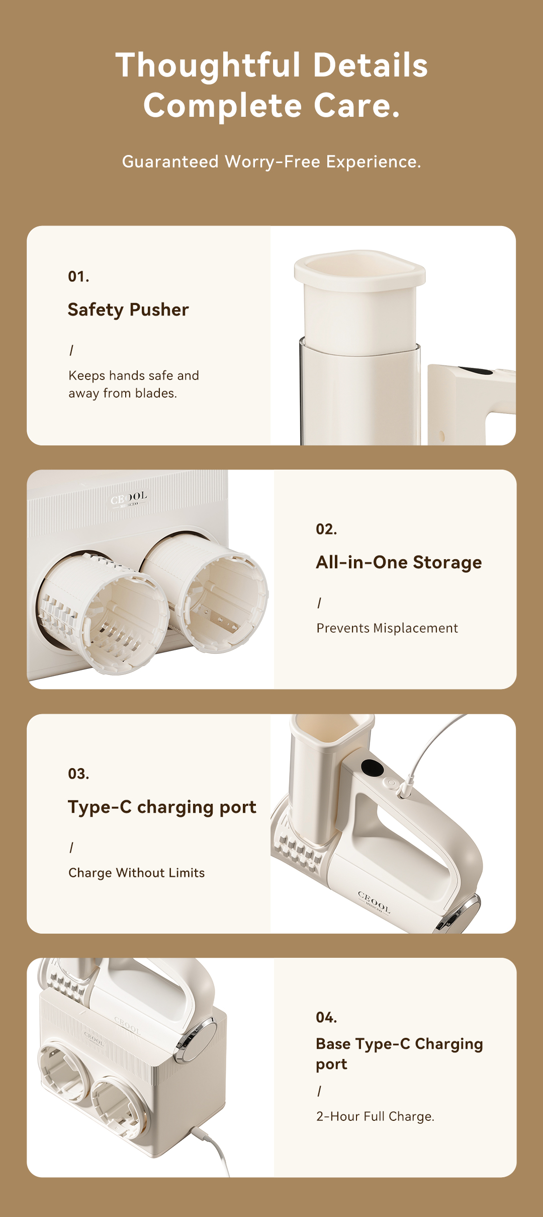 Ceool vegetable chopper thoughtful details: safety pusher, all-in-one blade storage