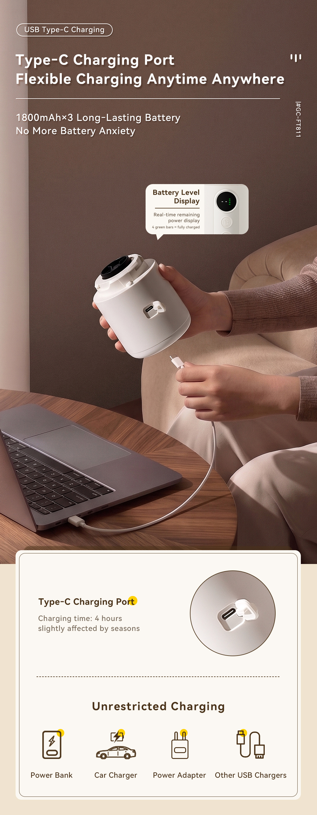 CEOOL GC-FT811 portable juicer cup Type-C charging with battery indicator, OEM ODM