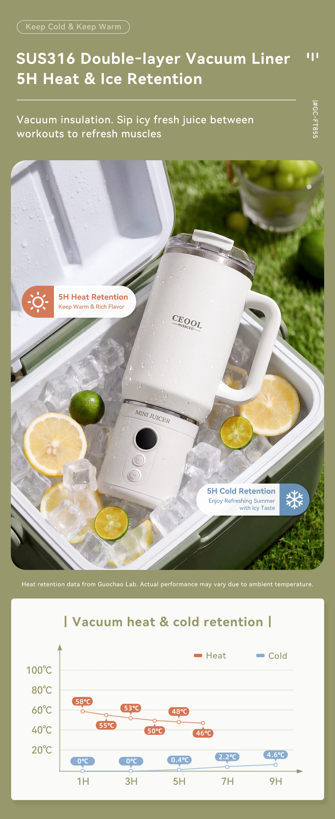 CEOOL FT855 便携式榨汁机,SUS316不锈钢真空保温,支持 OEM/ODM,5 小时冷热保藏