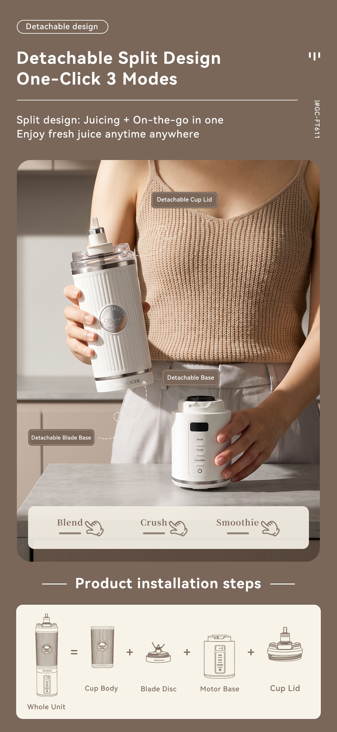 CEOOL GC-FT611 detachable split blender, one-click 3 working modes, easy assembly, OEM ODM