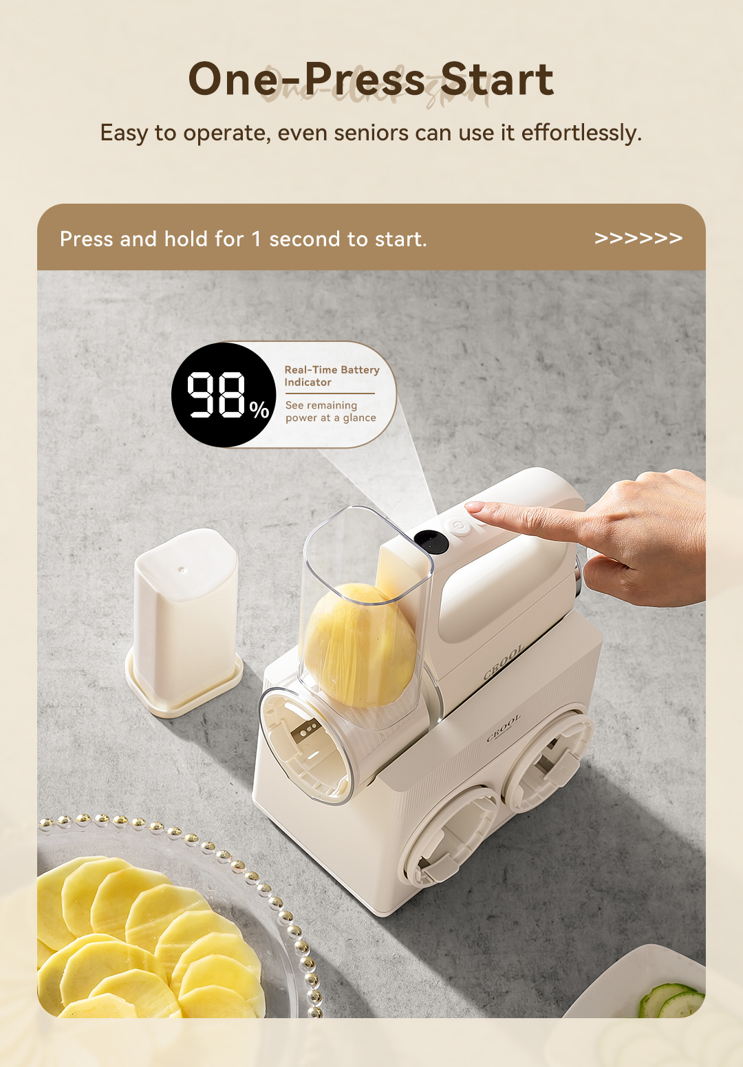 CEOOL QC303B cordless vegetable slicer, one press start operation with battery indicator