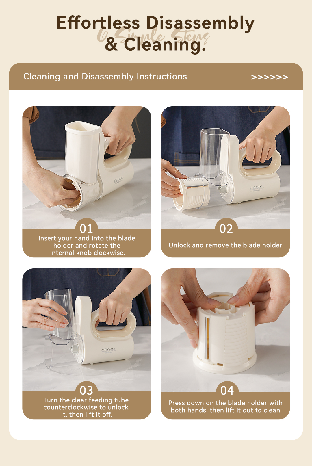 CEOOL QC301 Cordless Vegetable Chopper, effortless disassembly and cleaning step guide