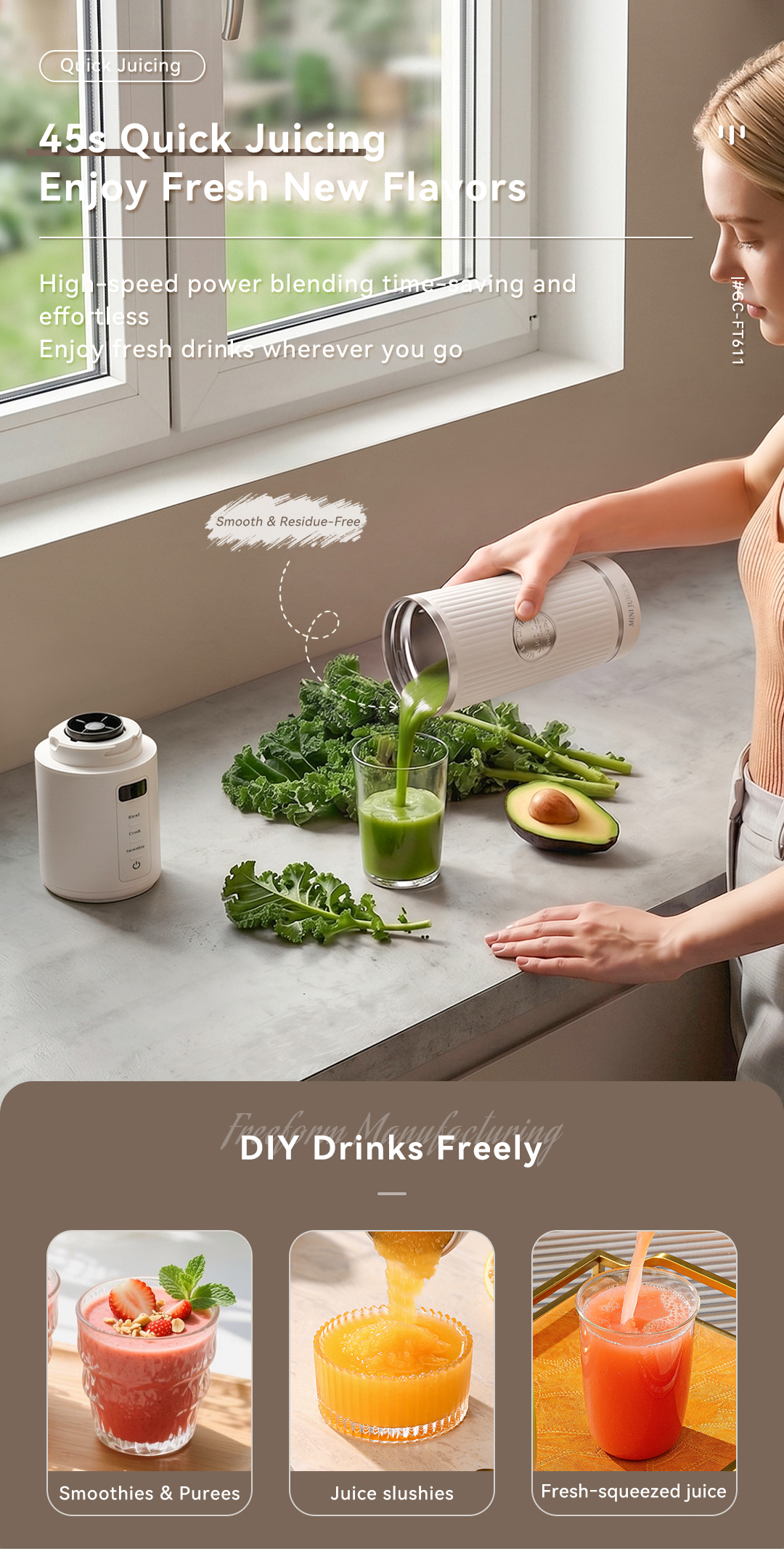 CEOOL GC-FT611 portable juicer 45s quick blending, smooth residue-free, make smoothies slushies, OEM ODM