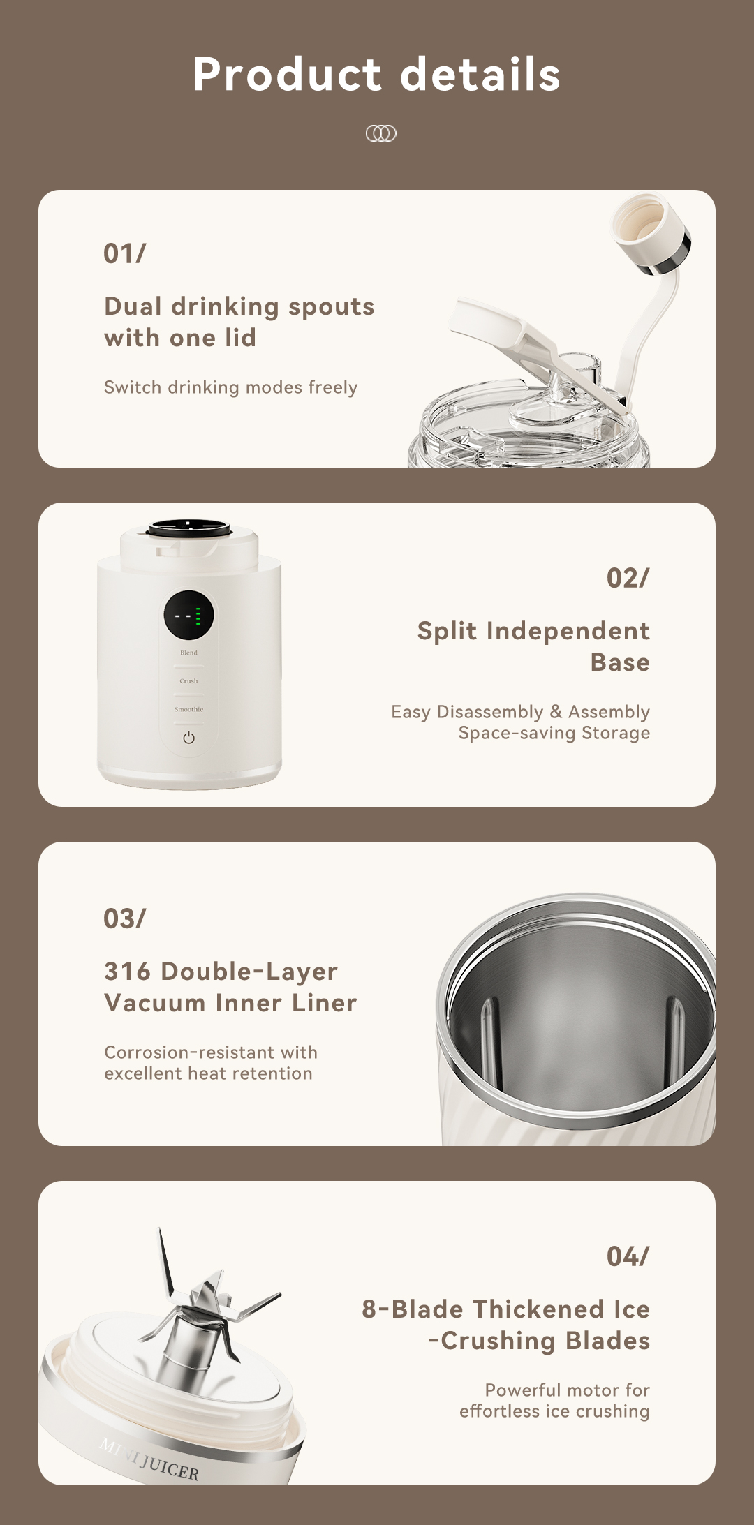 CEOOL GC-FT612 portable juicer product details, dual drinking spout, 316 vacuum liner, OEM ODM