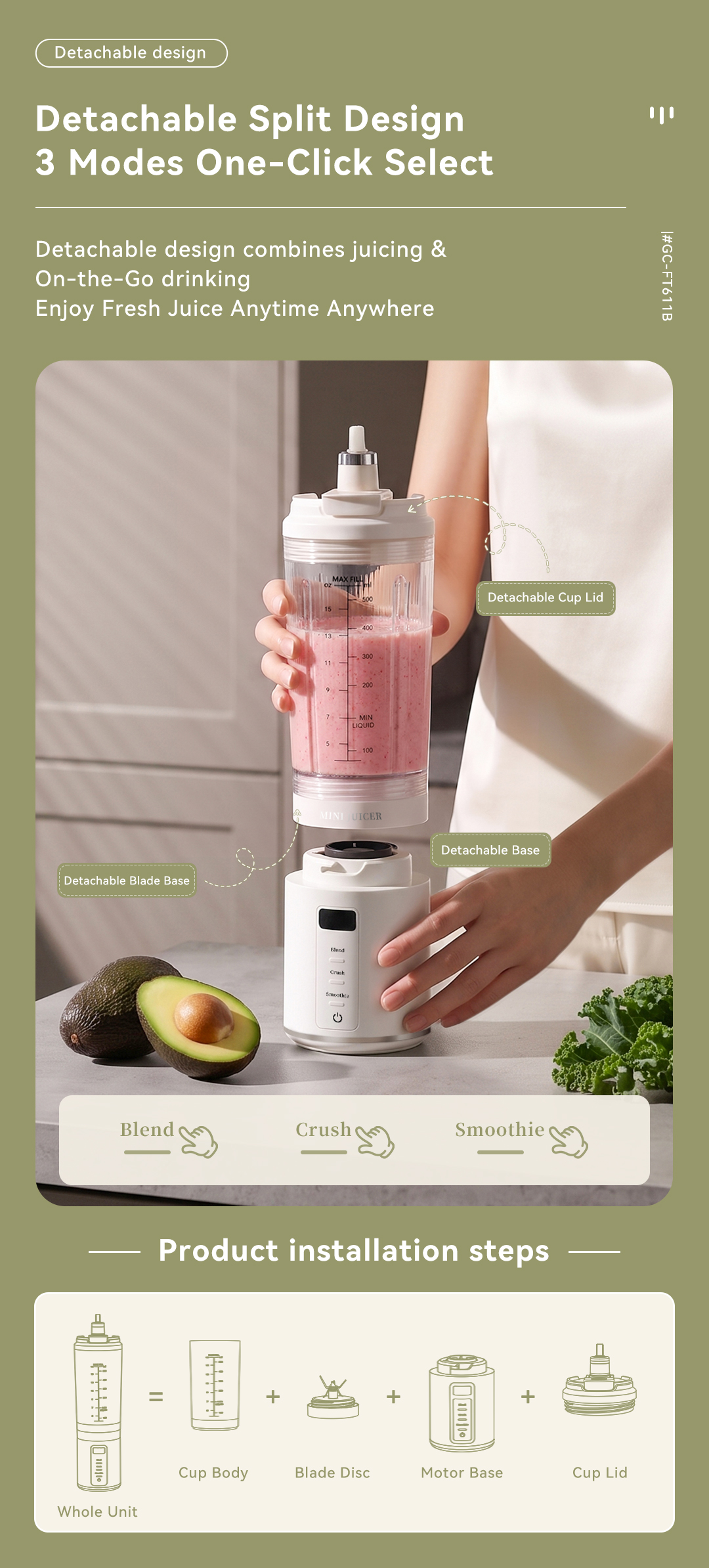 CEOOL GC-FT611B detachable split juicer with 3 blending modes, OEM ODM custom small home appliance
