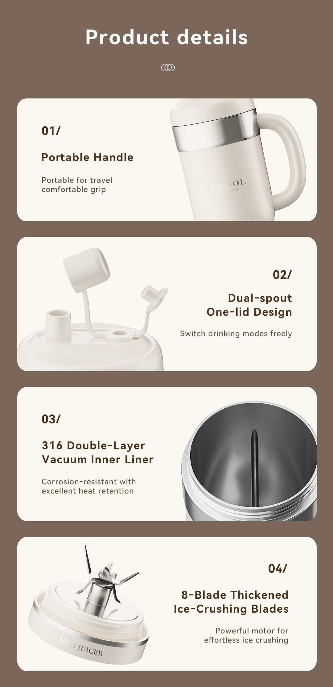 CEOOL GC-FT811 portable juicer cup details, 316 vacuum liner, 8 ice crushing blades, OEM ODM