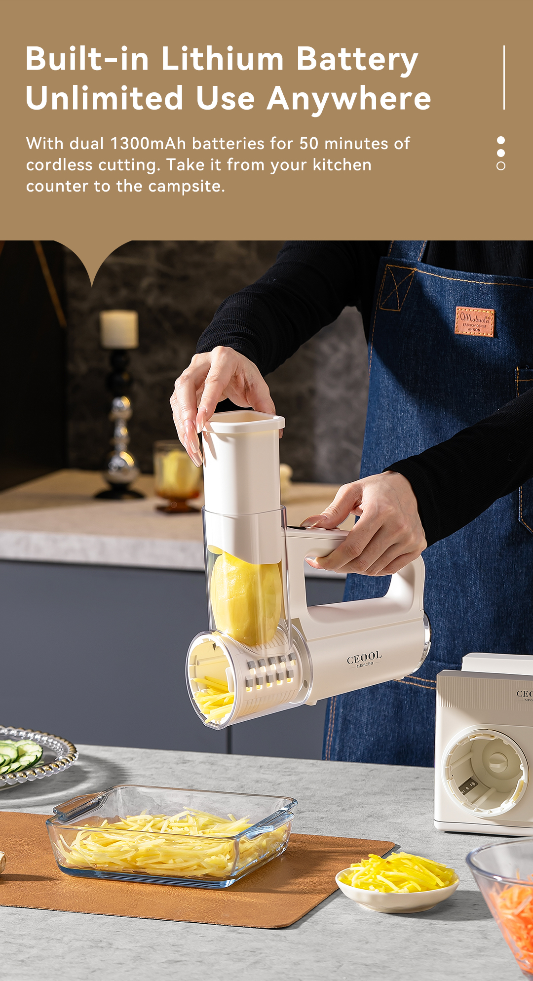 CEOOL QC303D Cordless Vegetable Cutter with Dual 1300mAh Lithium Battery, 50 Mins Runtime