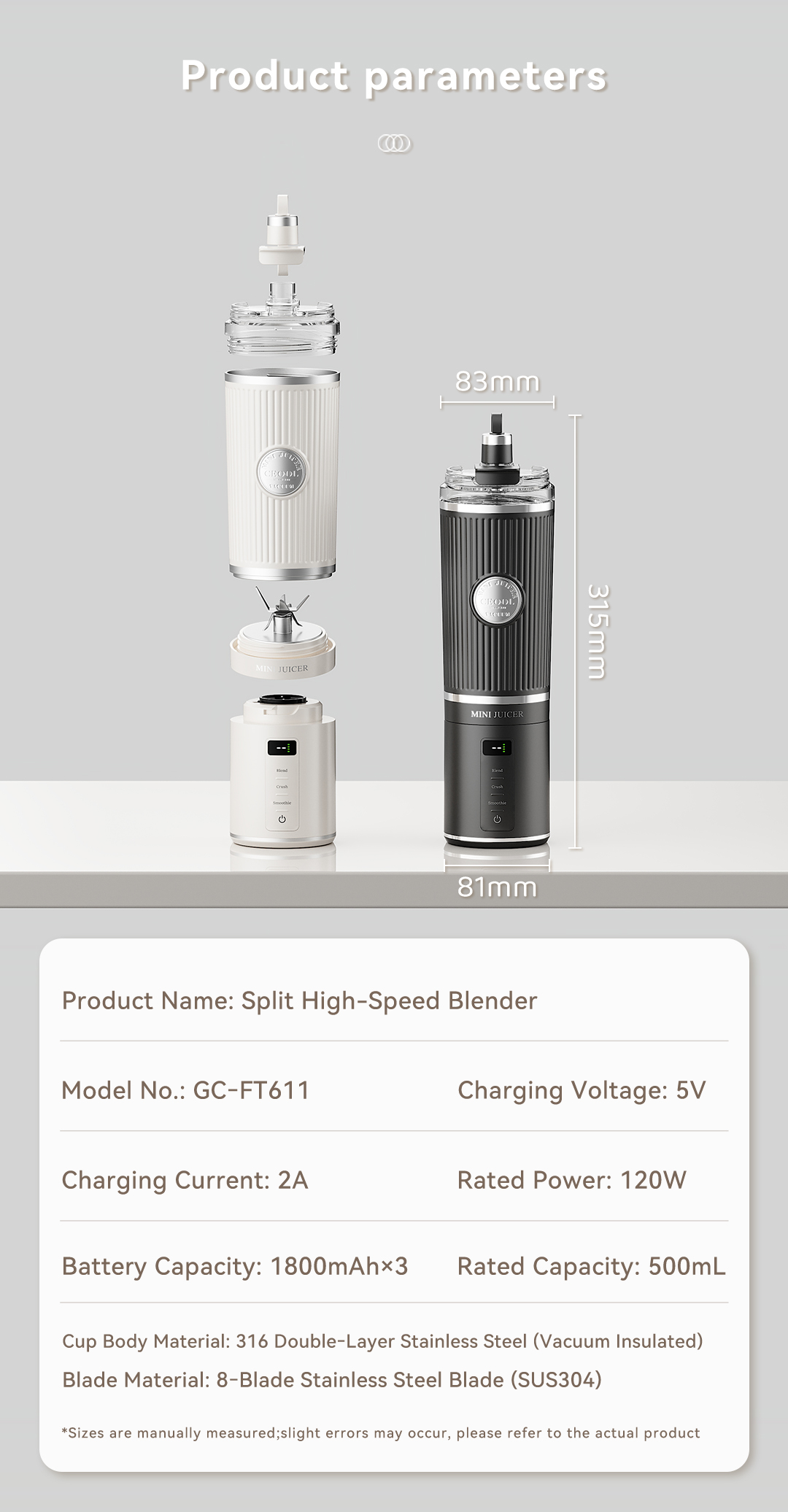 CEOOL GC-FT611 split high speed blender product parameters, 500ml portable juicer, OEM ODM