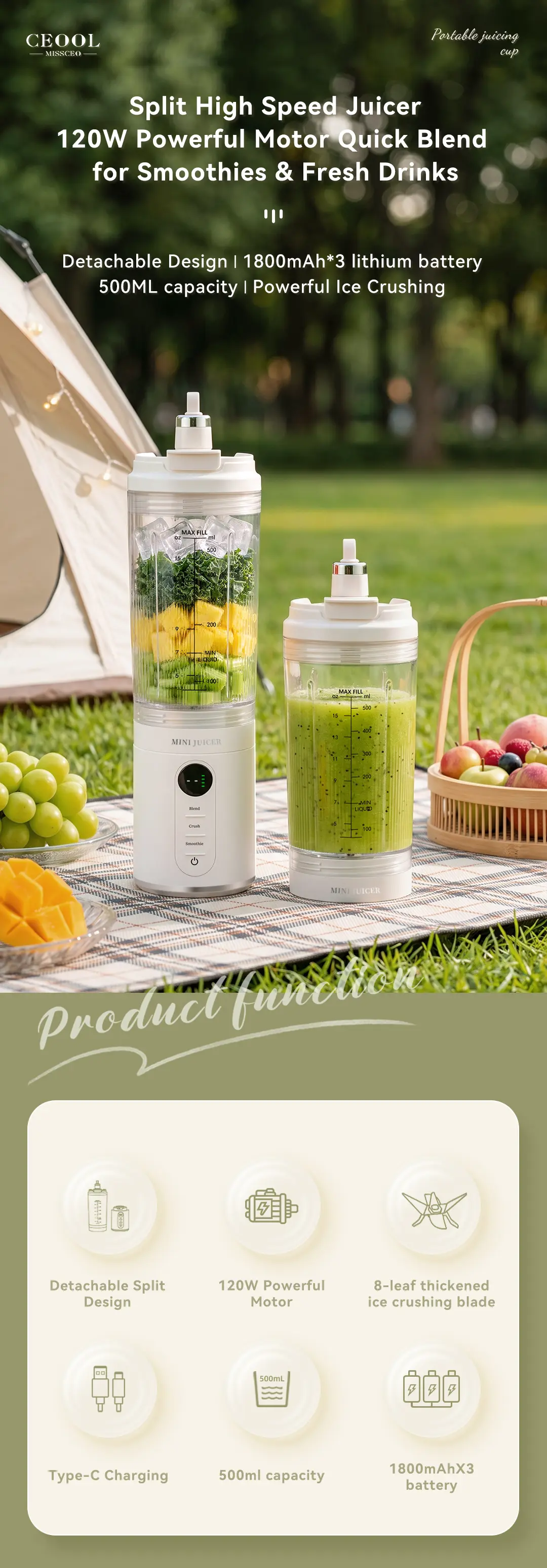CEOOL FT612B 便携式榨汁机,120W 11.1V 电机,500ml USB 充电,支持 OEM/ODM