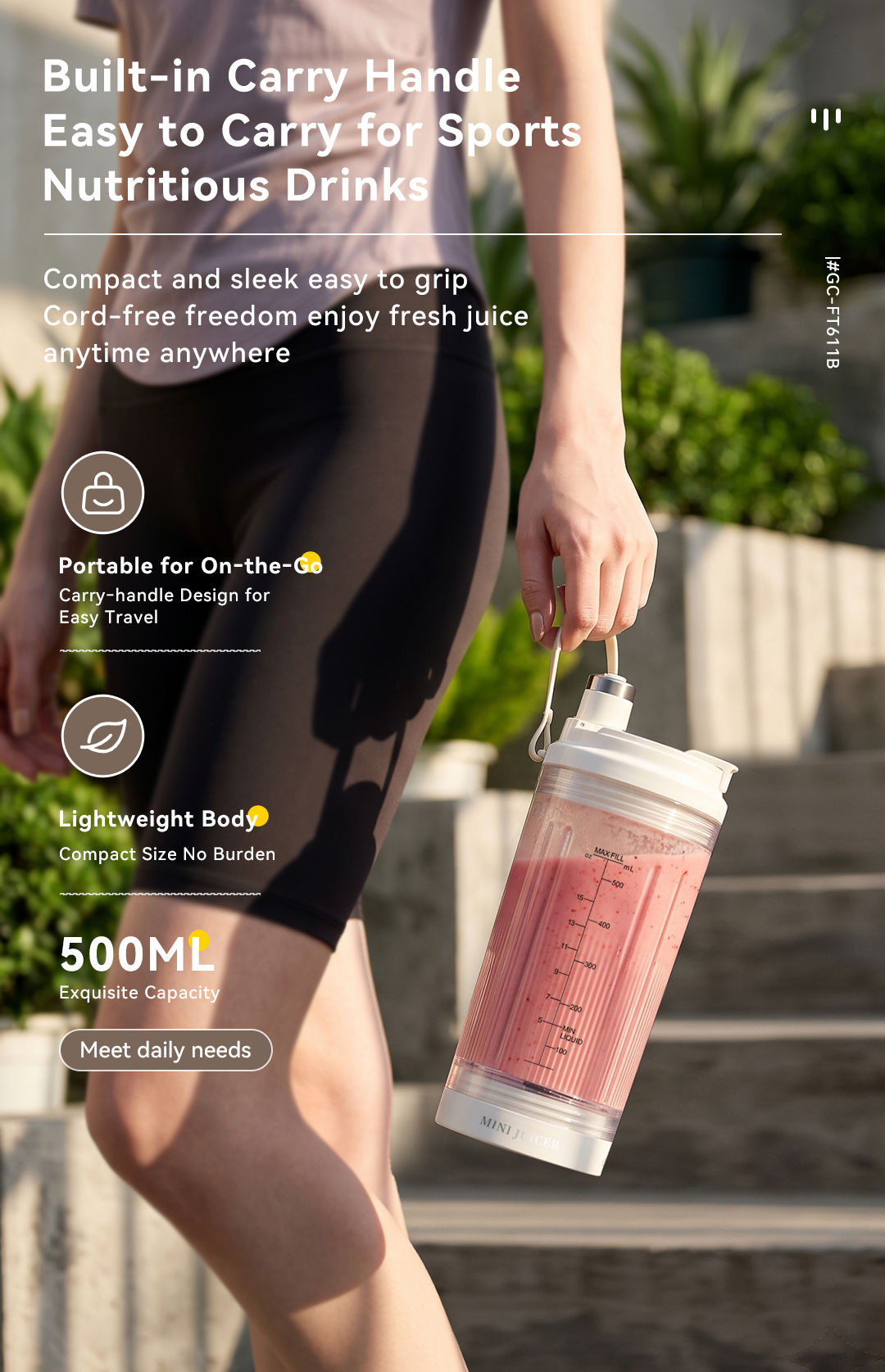 CEOOL GC-FT611B portable electric juicer 500ml with carry handle,wireless blender for sports travel,OEM ODM available