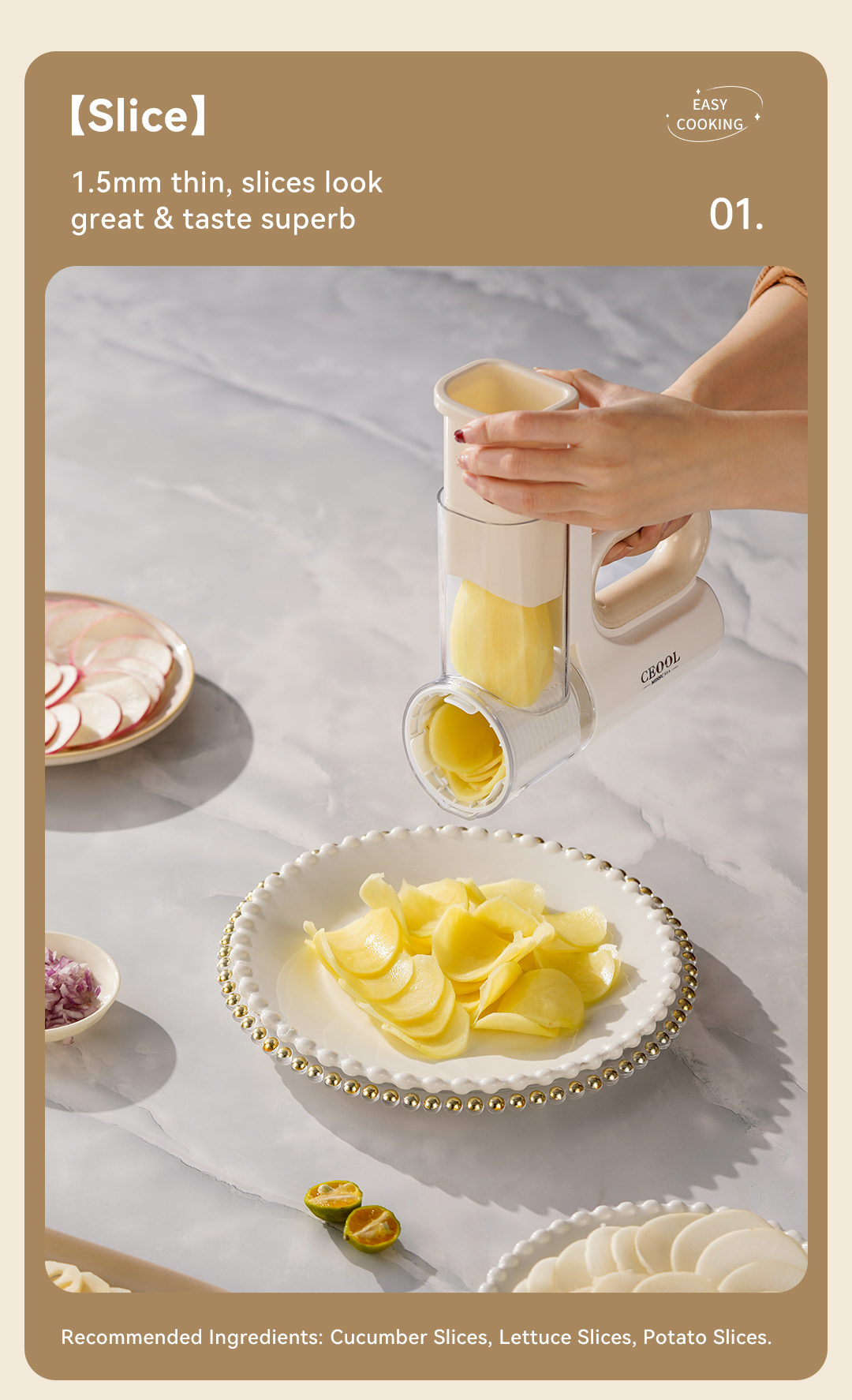 CEOOL QC301 vegetable cutter slicing function, 1.5mm thin slices for potato, cucumber and radish, OEM ODM