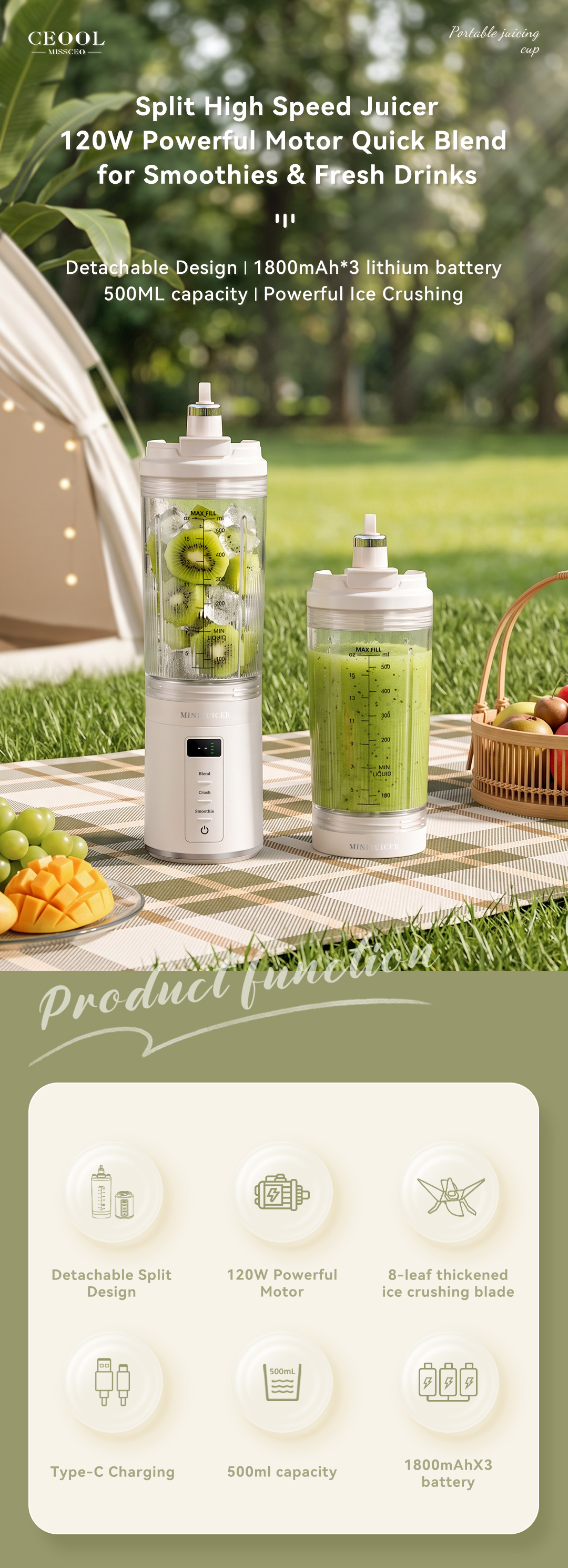CEOOL GC-FT611B split high speed juicer 120W motor, 500ml portable blender for smoothies, OEM ODM