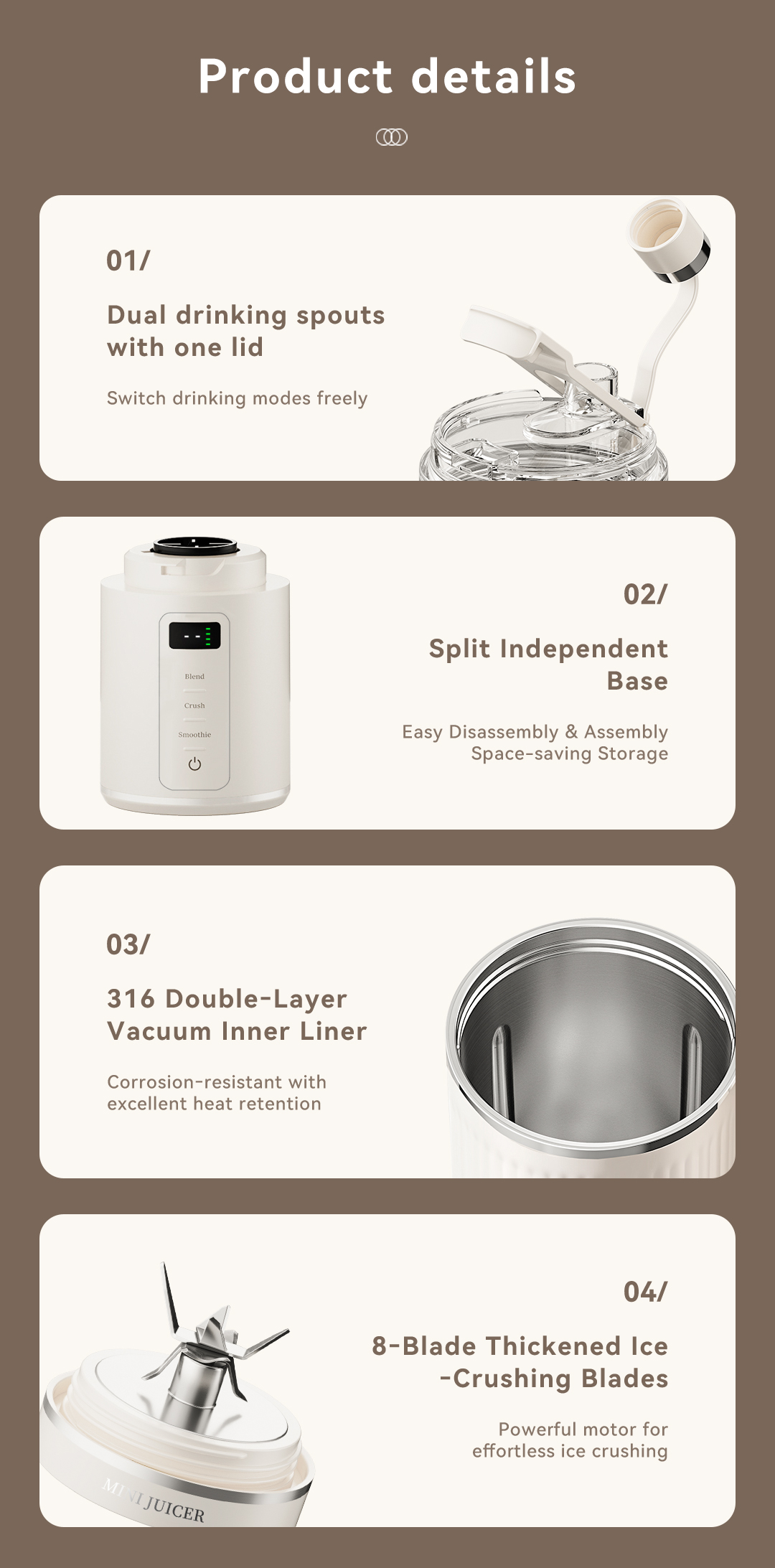 CEOOL GC-FT611 portable juicer product details, dual drinking spout, 316 vacuum liner, OEM ODM