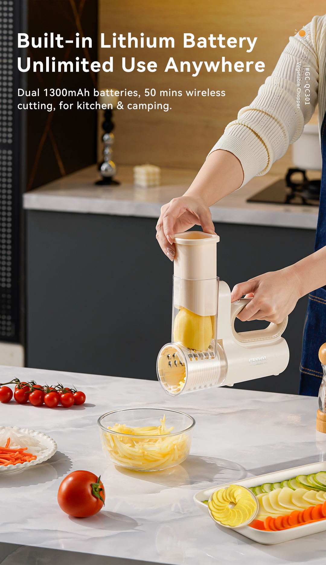 CEOOL QC301 built-in dual lithium battery vegetable cutter, wireless use for kitchen and camping, OEM ODM