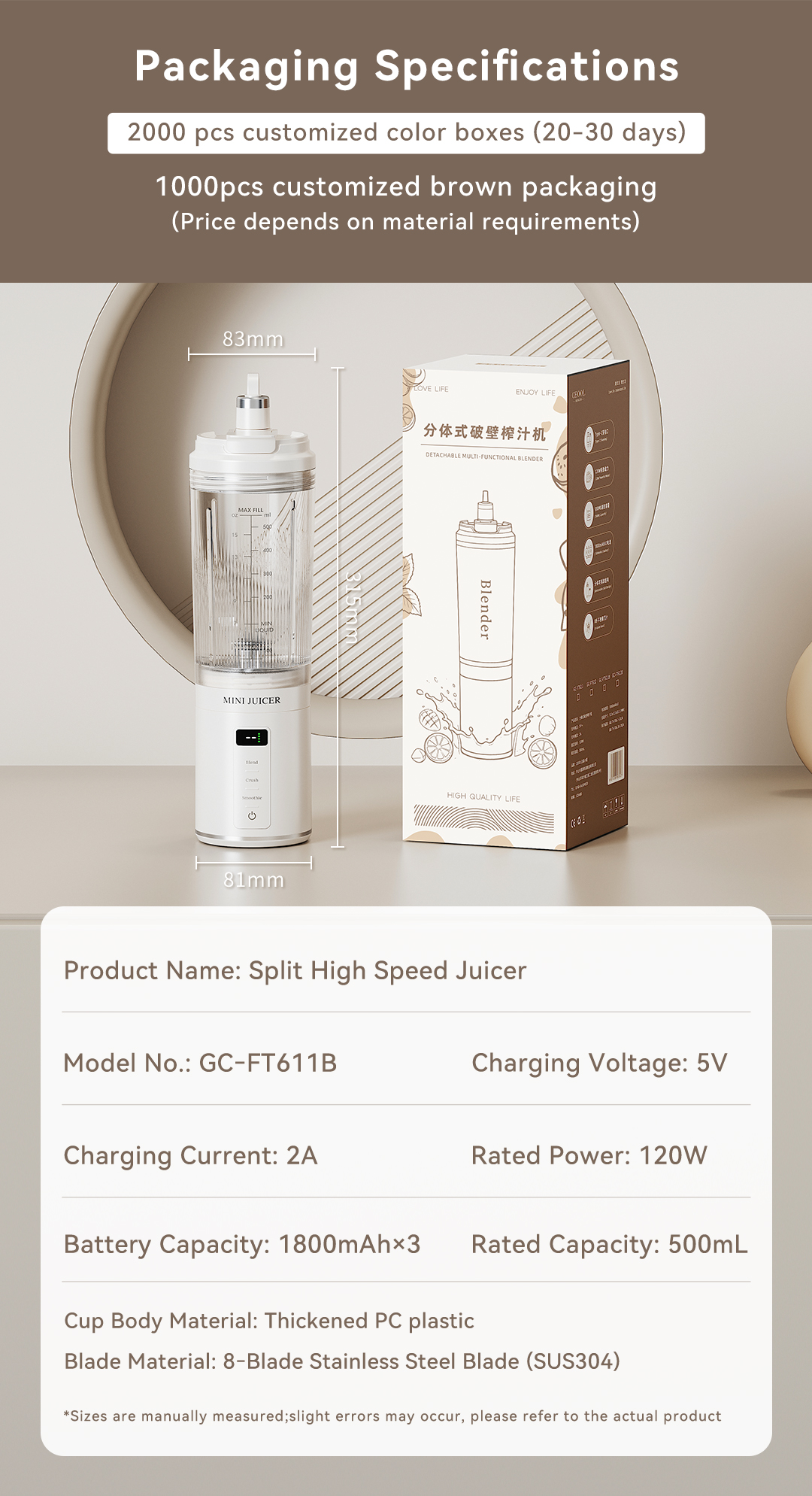 CEOOL GC-FT611B split high speed juicer packaging & specifications, OEM ODM custom portable blender
