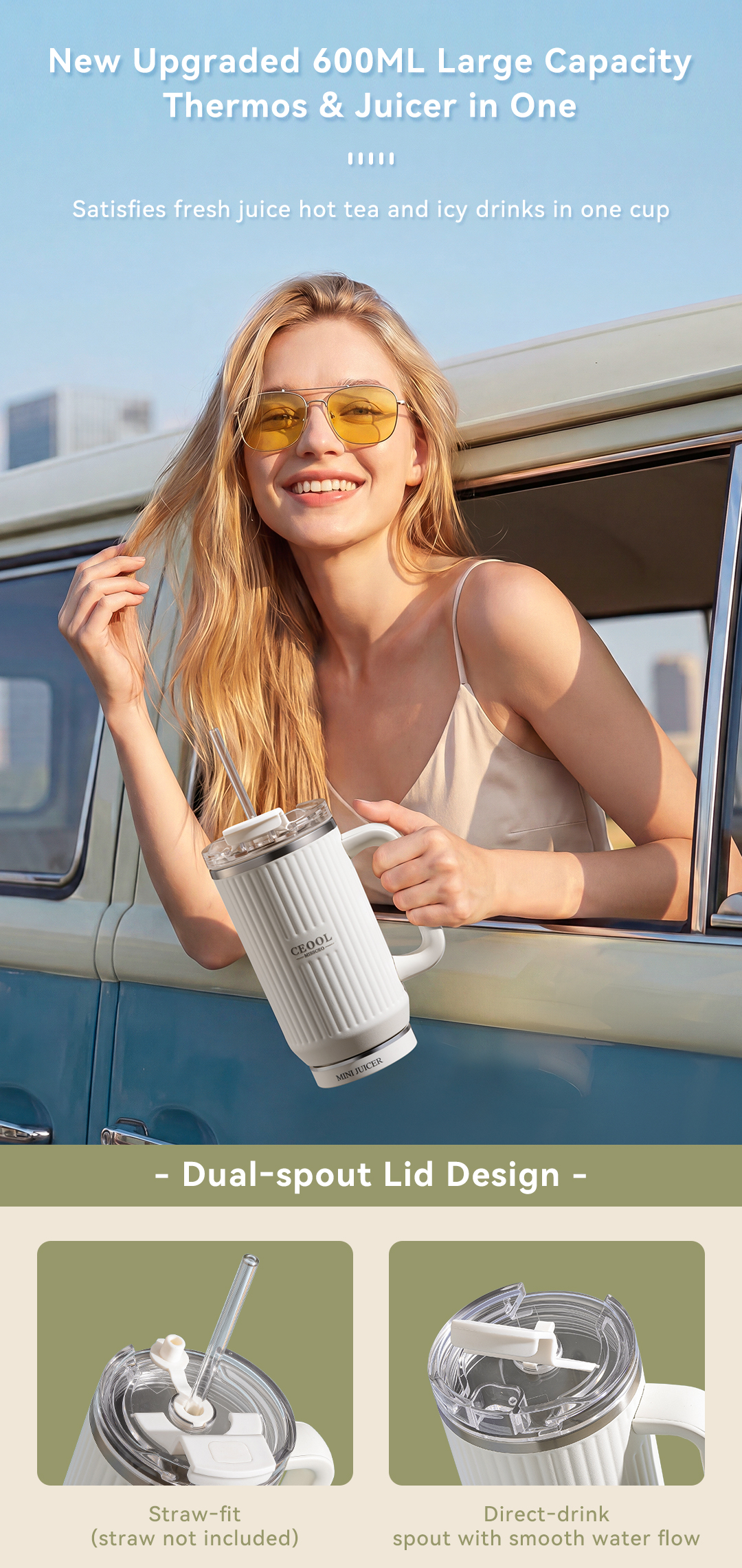 CEOOL GC-FT831 600ml 便携式榨汁杯,双嘴盖设计,支持 OEM/ODM