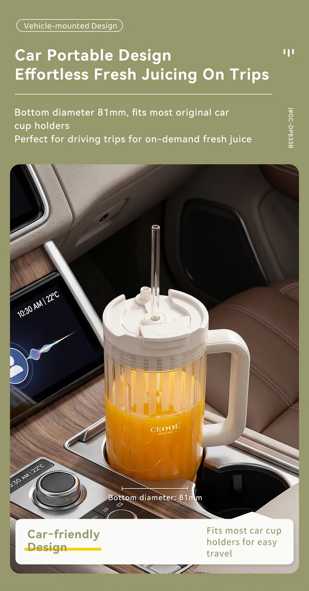 DP833B portable blender placed in a car cup holder