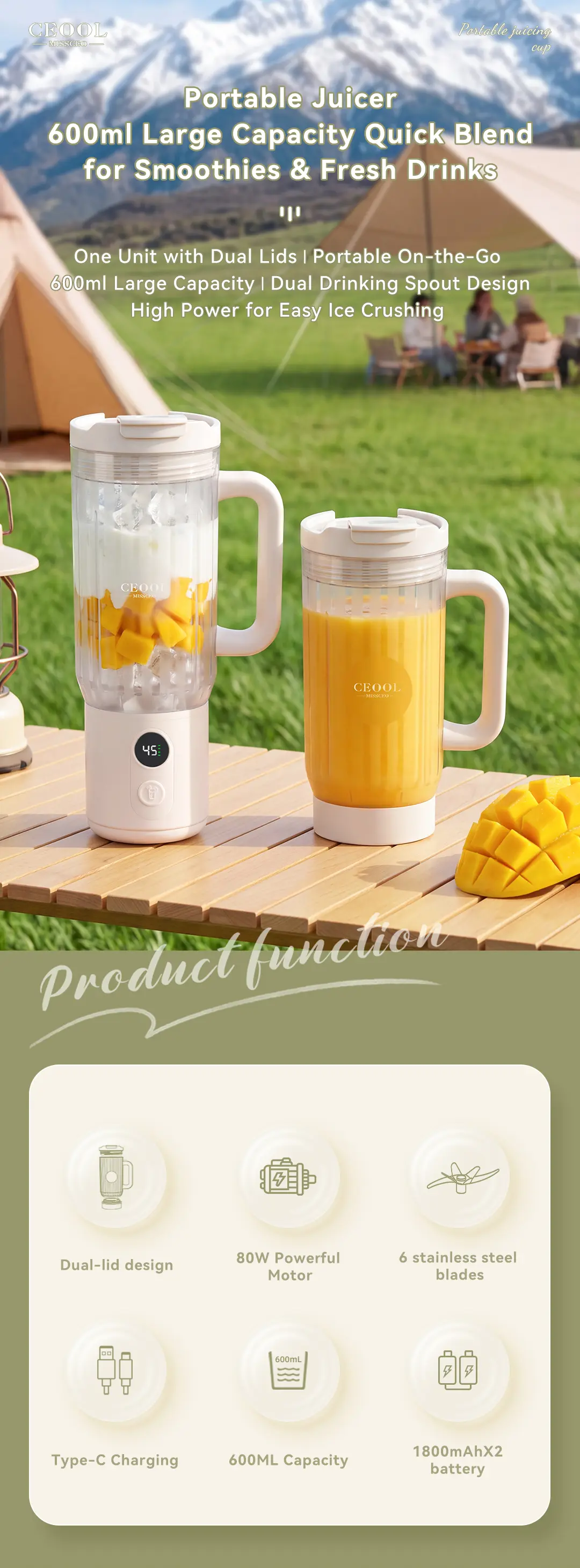 DP833B 600 ml portable blender with mango drinks at an outdoor campsite