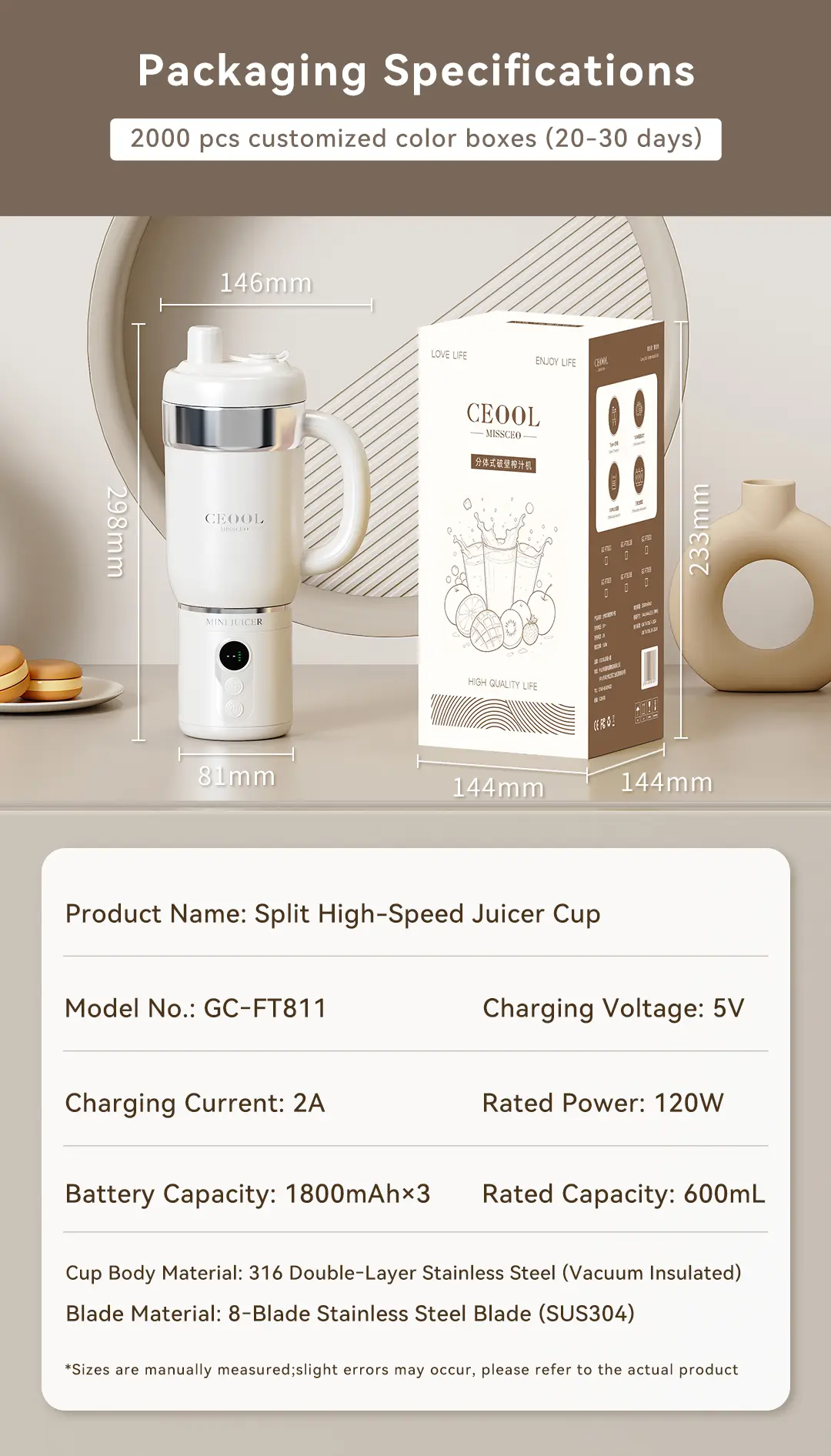 CEOOL GC-FT811 便携式榨汁机包装规格,600ml 果汁杯 OEM 定制彩盒