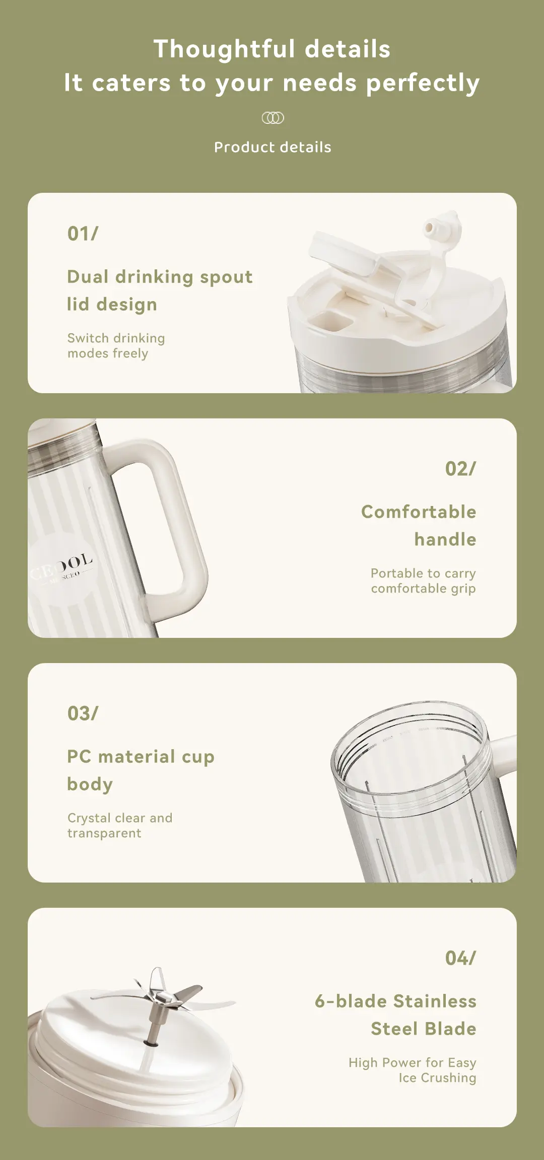 DP833B lid spouts, carry handle, transparent cup and six-blade assembly details