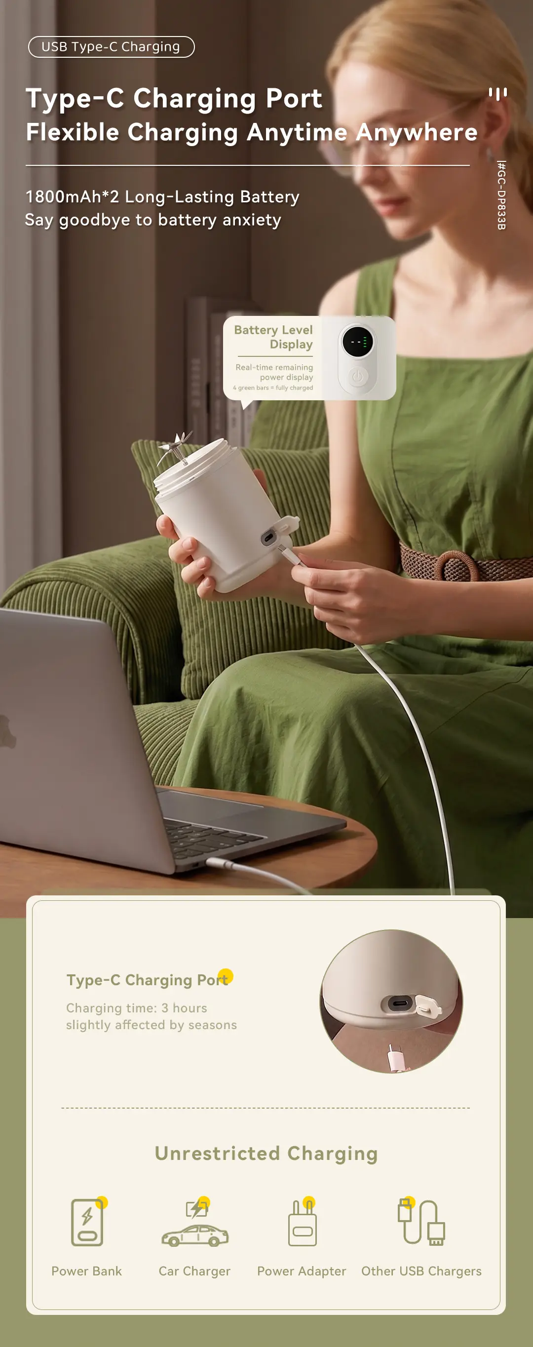 DP833B blender with USB-C charging port and battery level display