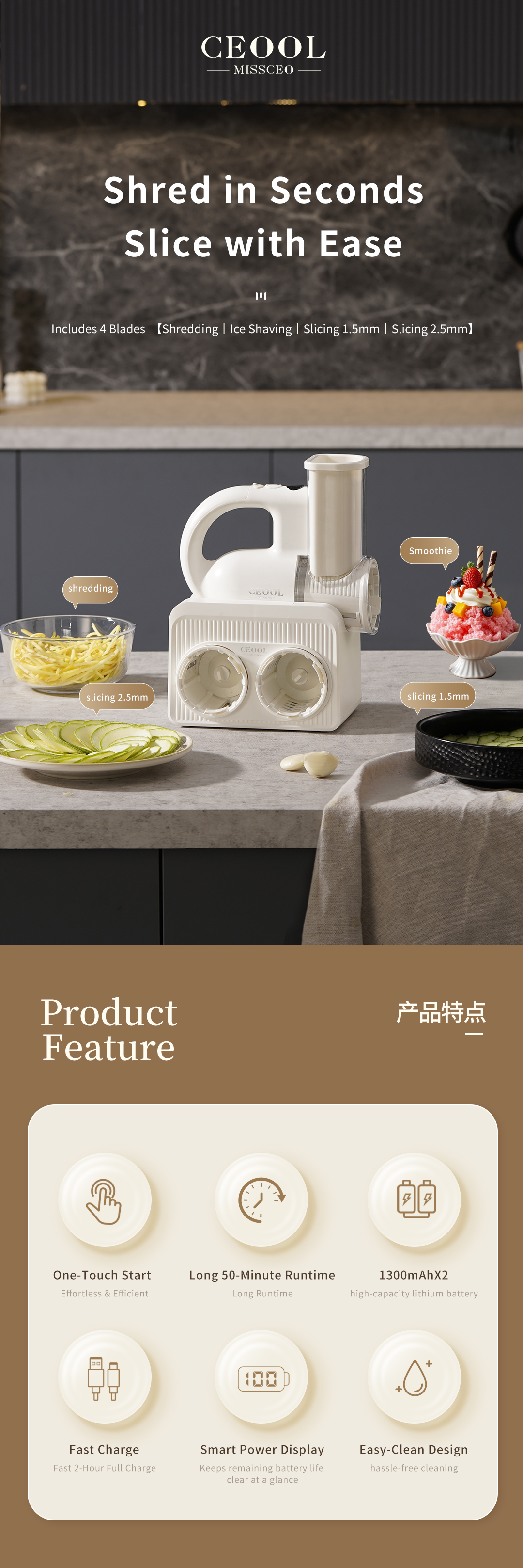 CEOOL QC302D 无线切菜器,4合1电动切菜机,支持 OEM/ODM