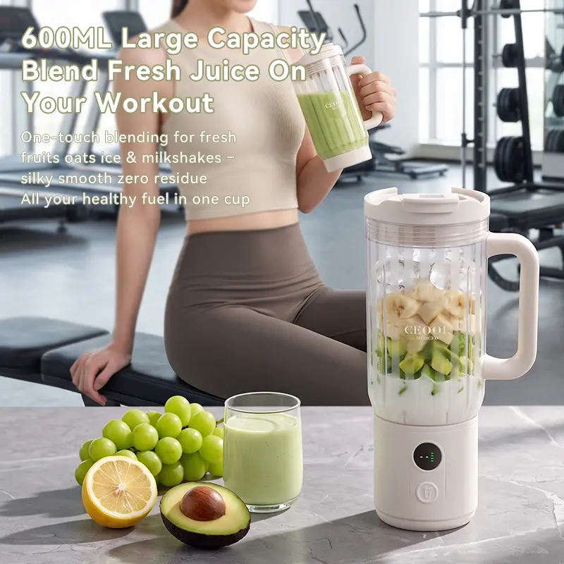 DP833B 600 ml portable blender with fresh fruit and a smoothie at the gym