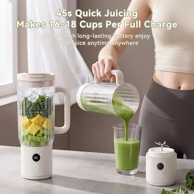 DP833B rechargeable blender pouring a green smoothie