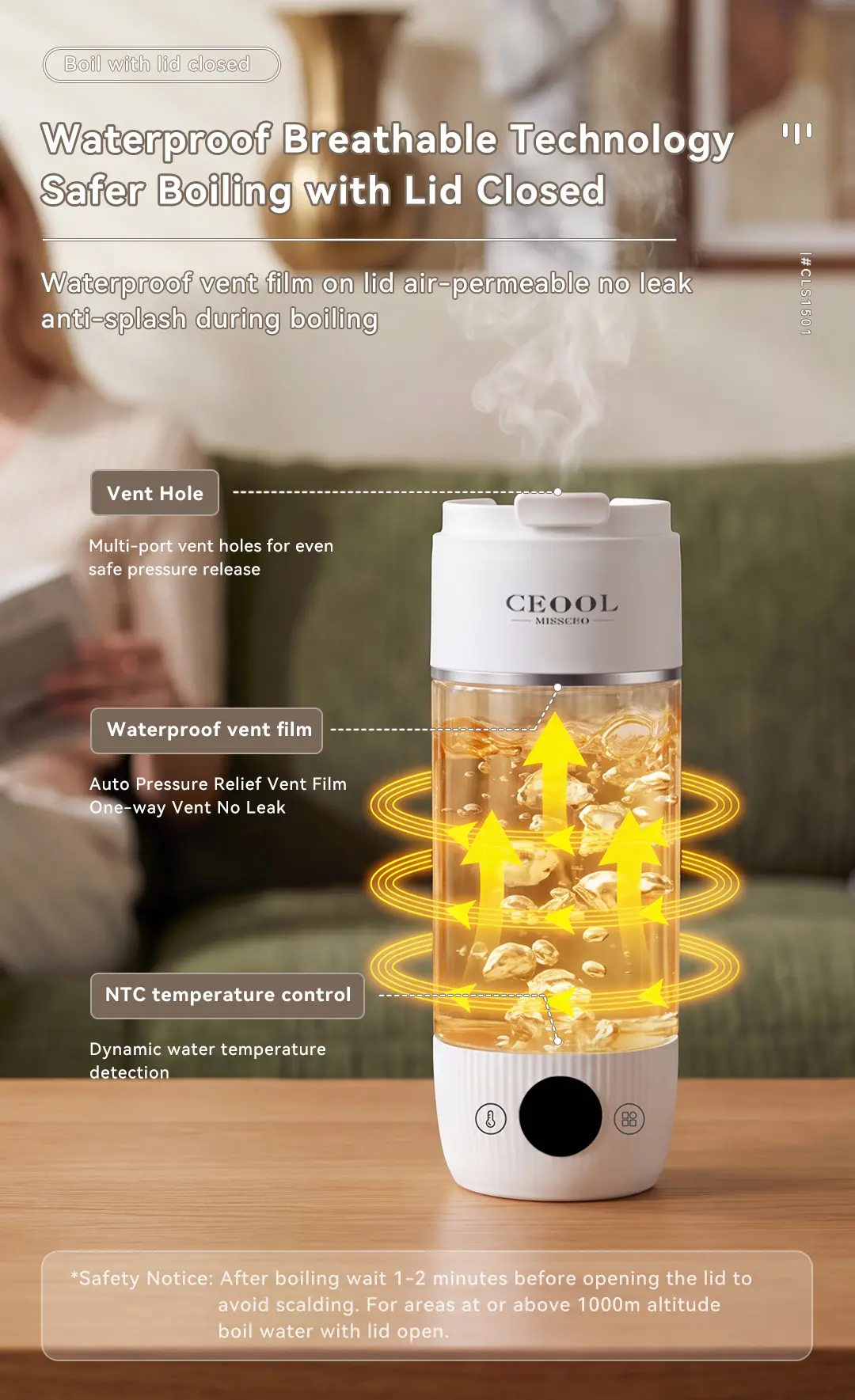 CEOOL CLS1501 portable boiling cup,waterproof vent tech,anti-splash closed lid boiling,OEM ODM